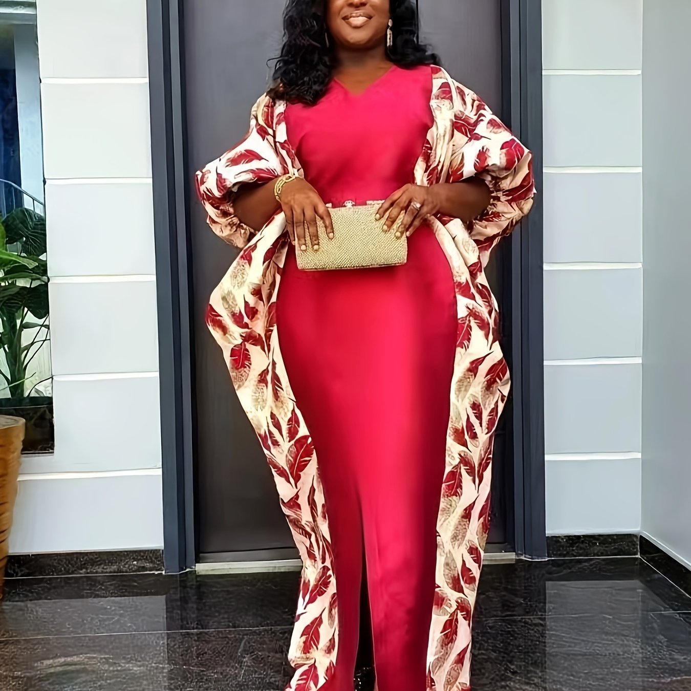 Plus Size Elegant V-Neck Kaftan Dress for Women Floral Print Loose Fit