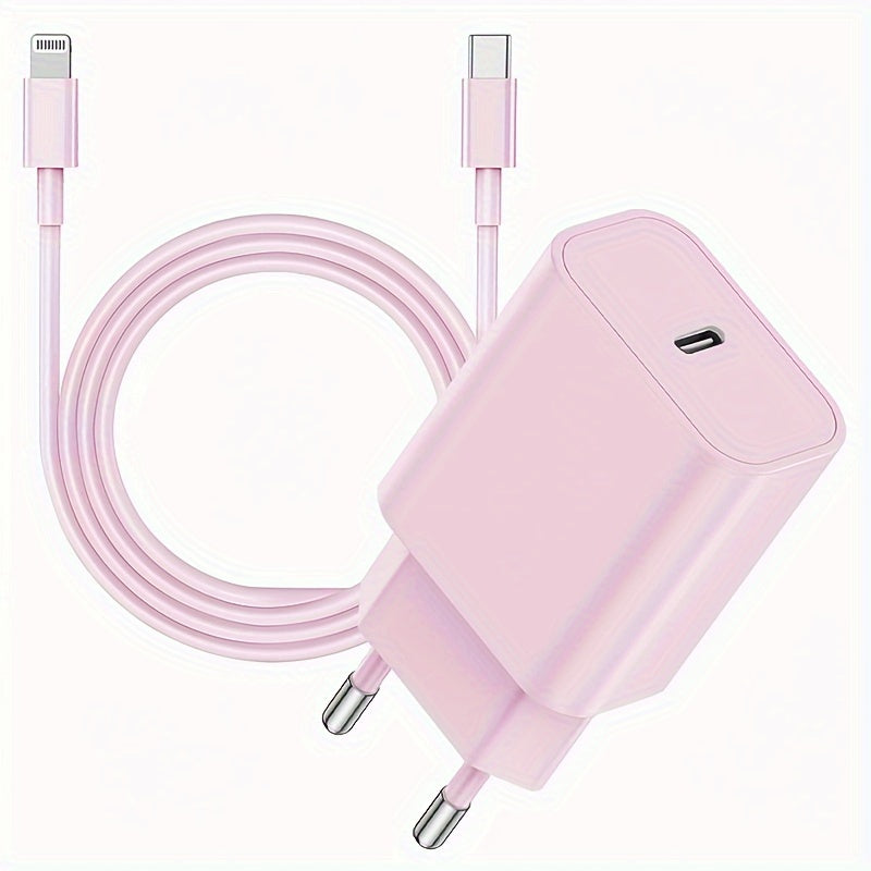 10W USB-C zaryadlovchisi iPhone, iPad, Android va boshqa qurilmalar uchun, Evropa standartidagi ulagich va pushti rangda.