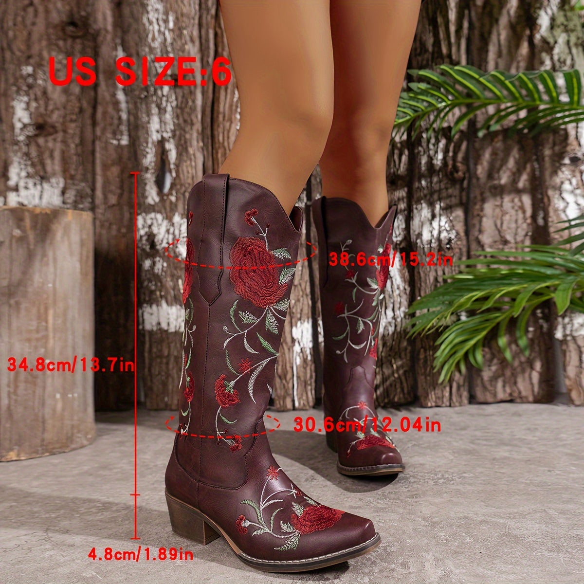Women's Floral Embroidered Western Cowboy Boots Mid-Heel Square Toe Casual