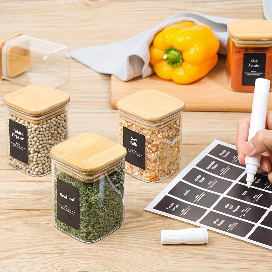 12 Pack Square Glass Spice Jars with Bamboo Lids Airtight Reusable Kitchen Storage