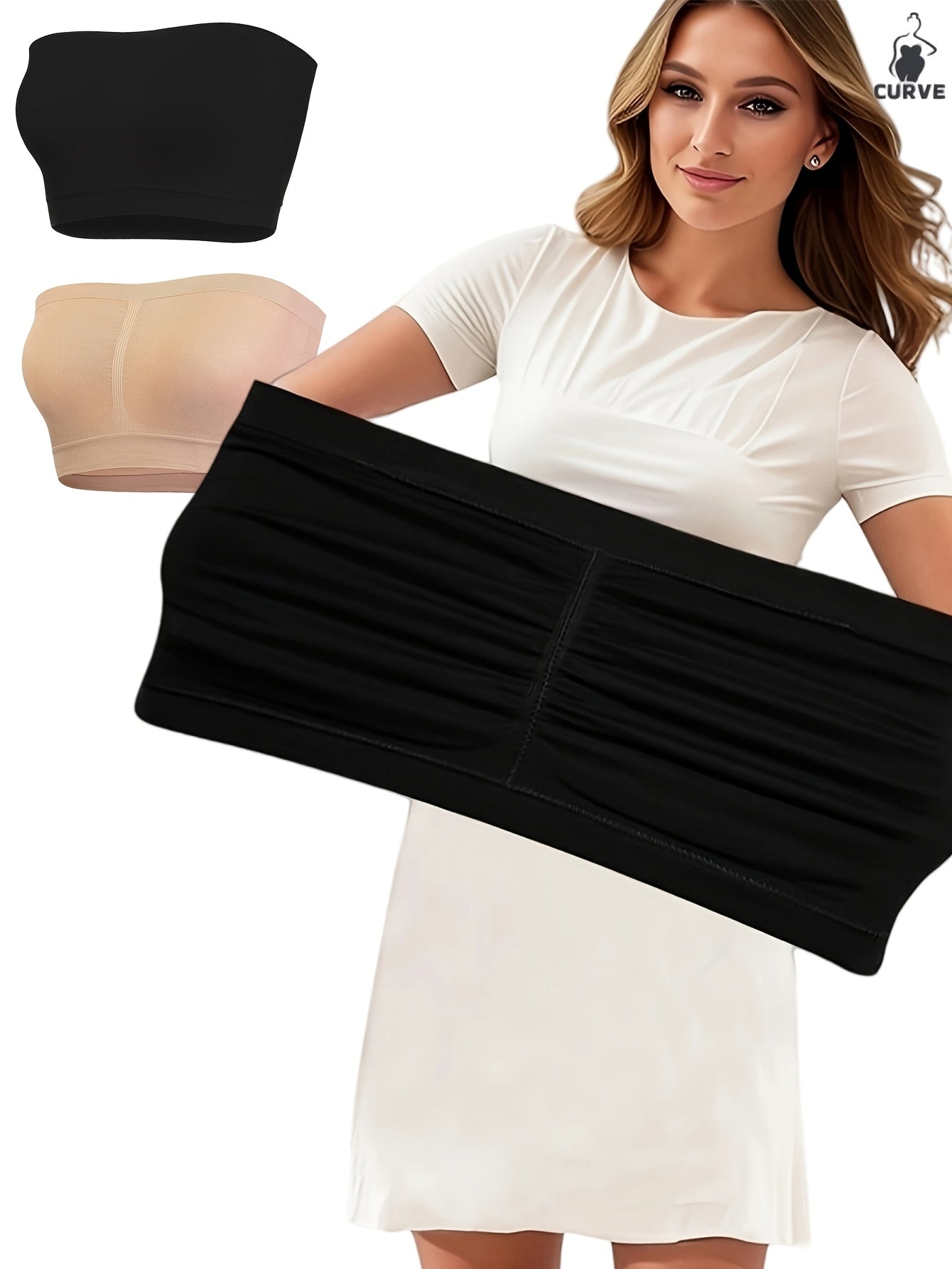 Women's Seamless Strapless Bandeau Bras Solid Color No Padding Medium Stretch 2 Pack