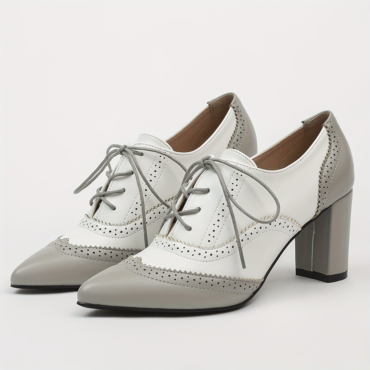 Women's Lace-Up High Heels Black White Brown Pointed Toe Pumps