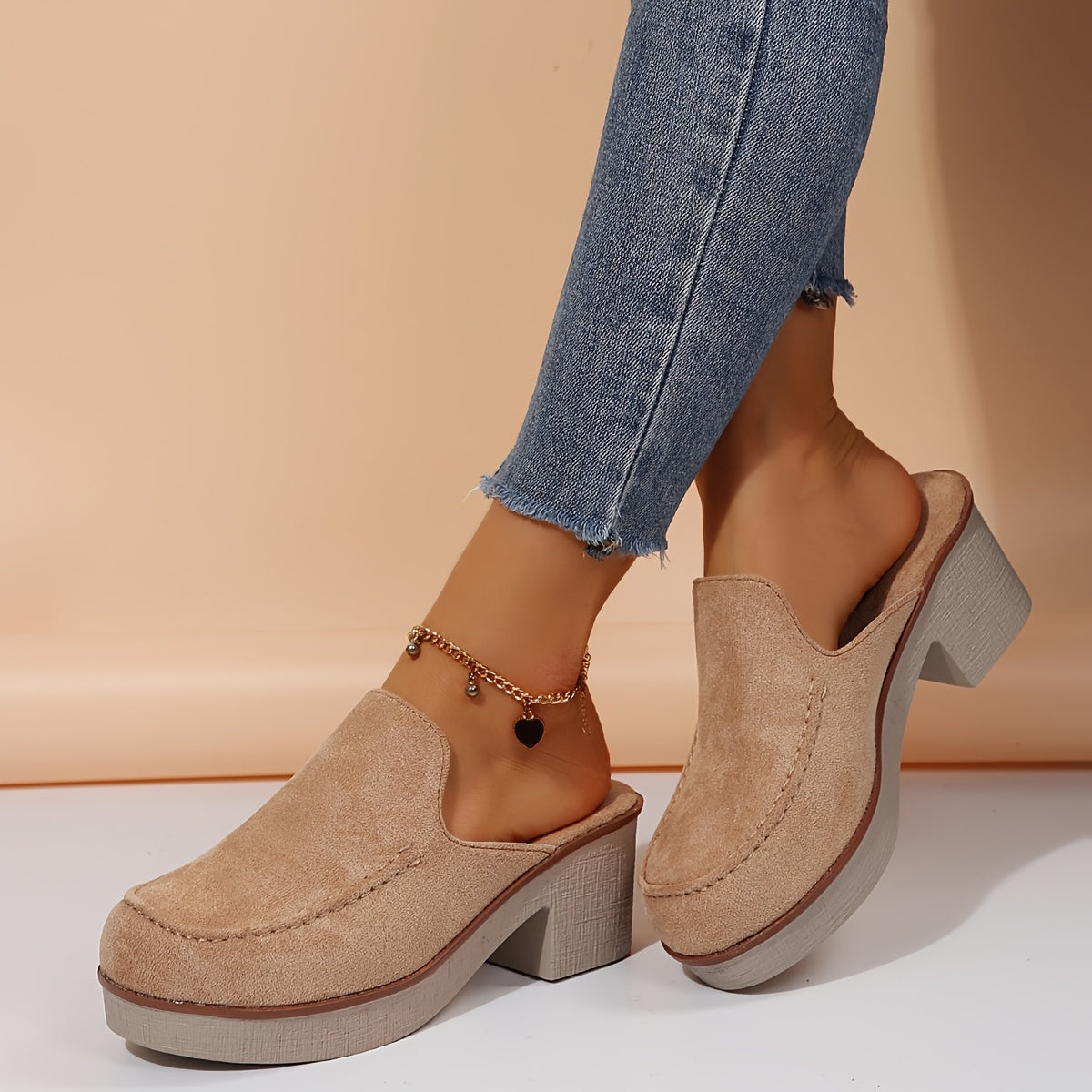 Women's Slip-On Loafers Two-Tone Block Heel Shoes Solid Color Comfortable