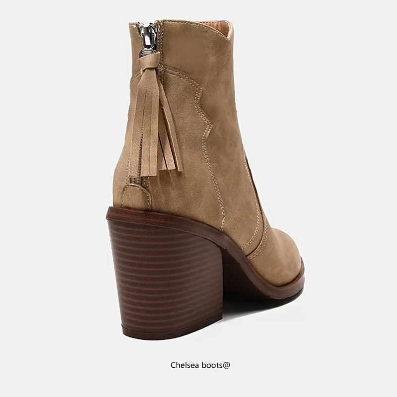 Women's Chunky Block Heel Boots Brown Pointed Toe Zipper Slip-Resistant All-Season