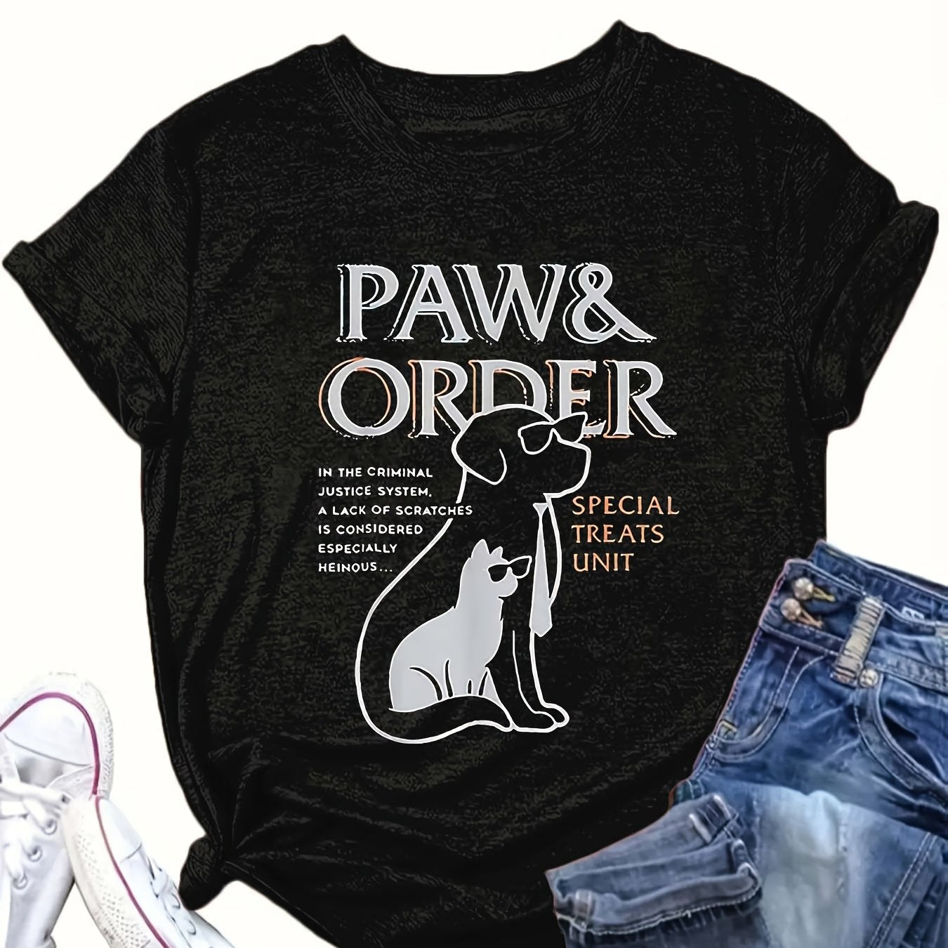 Women's Plus Size Casual T-Shirt with Paw Print Crew Neck All-Season