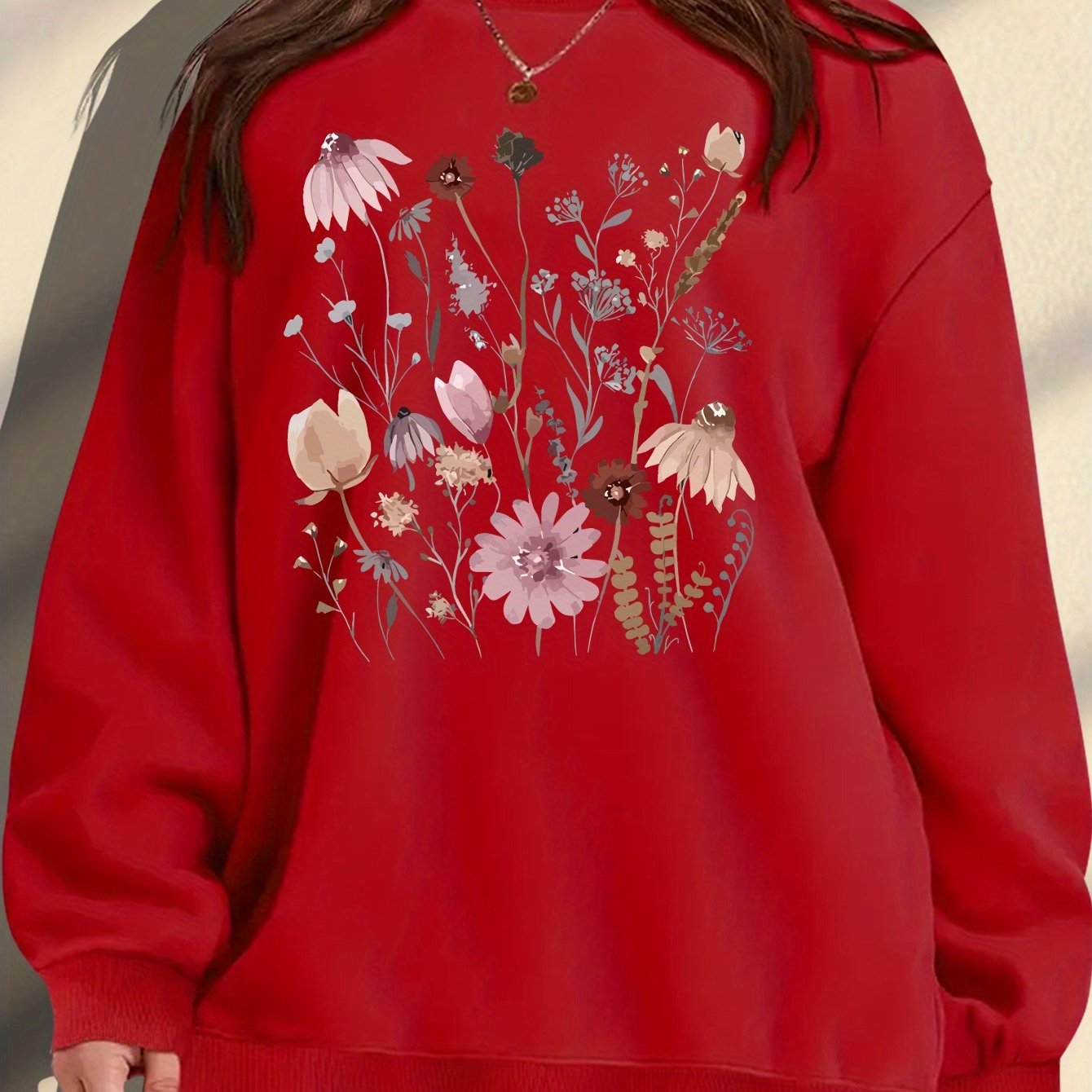 Women's Plus Size Floral Print Sweatshirt Cozy Maroon Pullover Autumn Wear