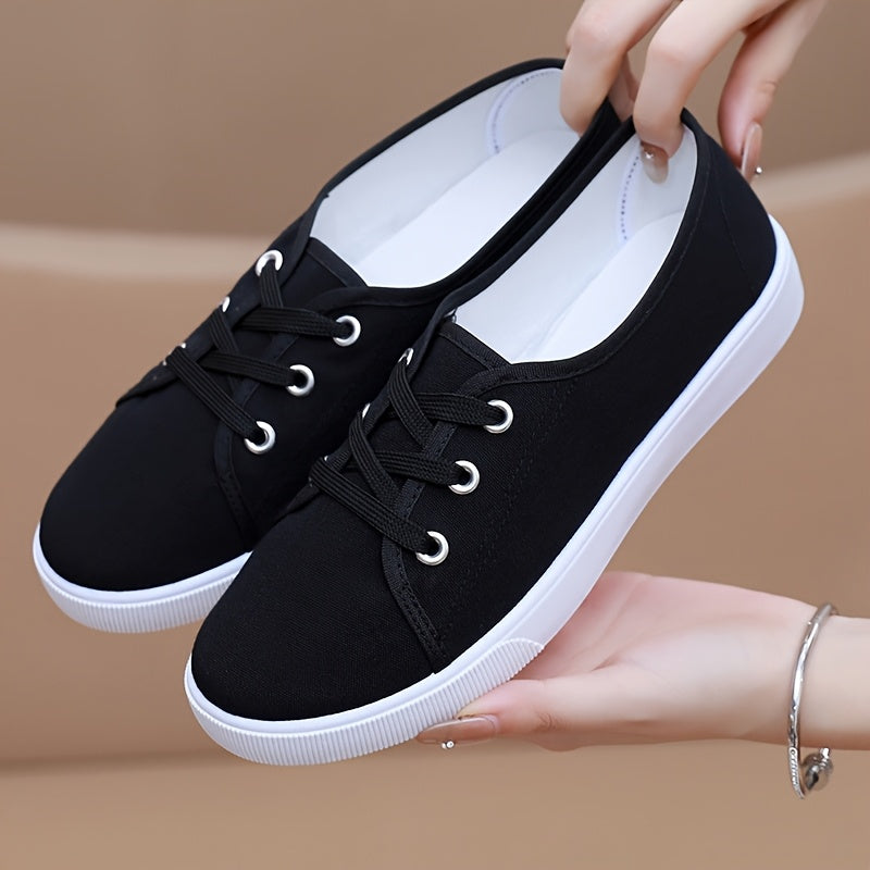 Women's Low-Top Lace-Up Flats Beige Black Breathable Casual All-Season Shoes
