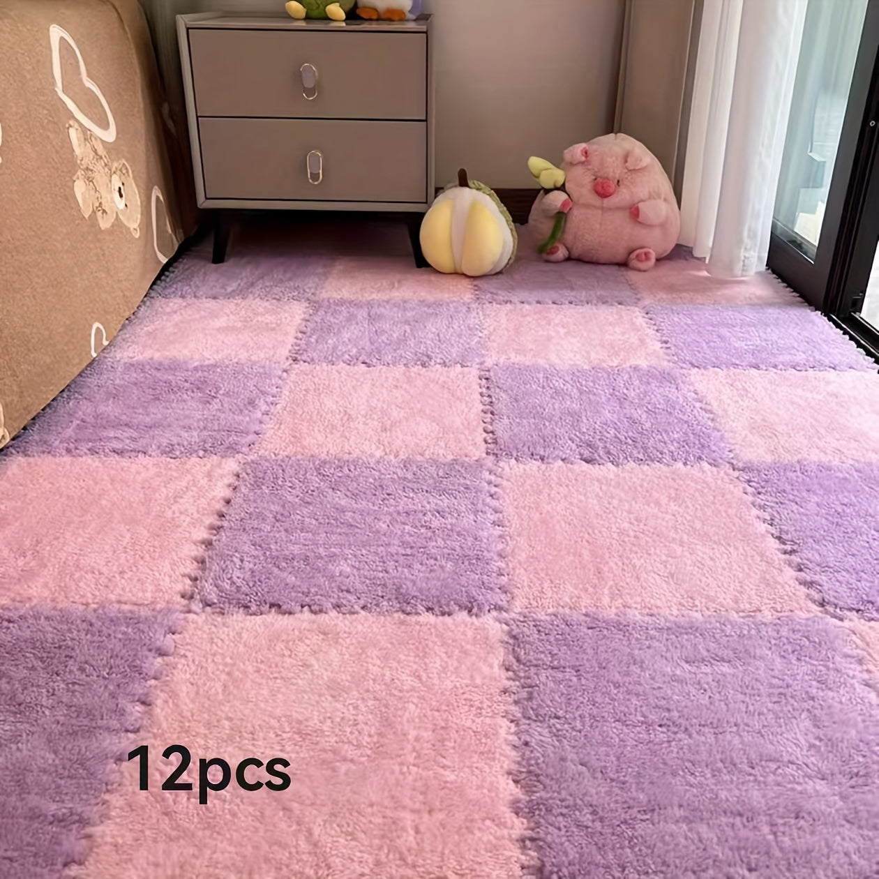 12pcs Square Flower Pattern Plush Area Rugs Set Washable Non-Slip Low Pile Polyester EVA Bedroom Living Room Decor