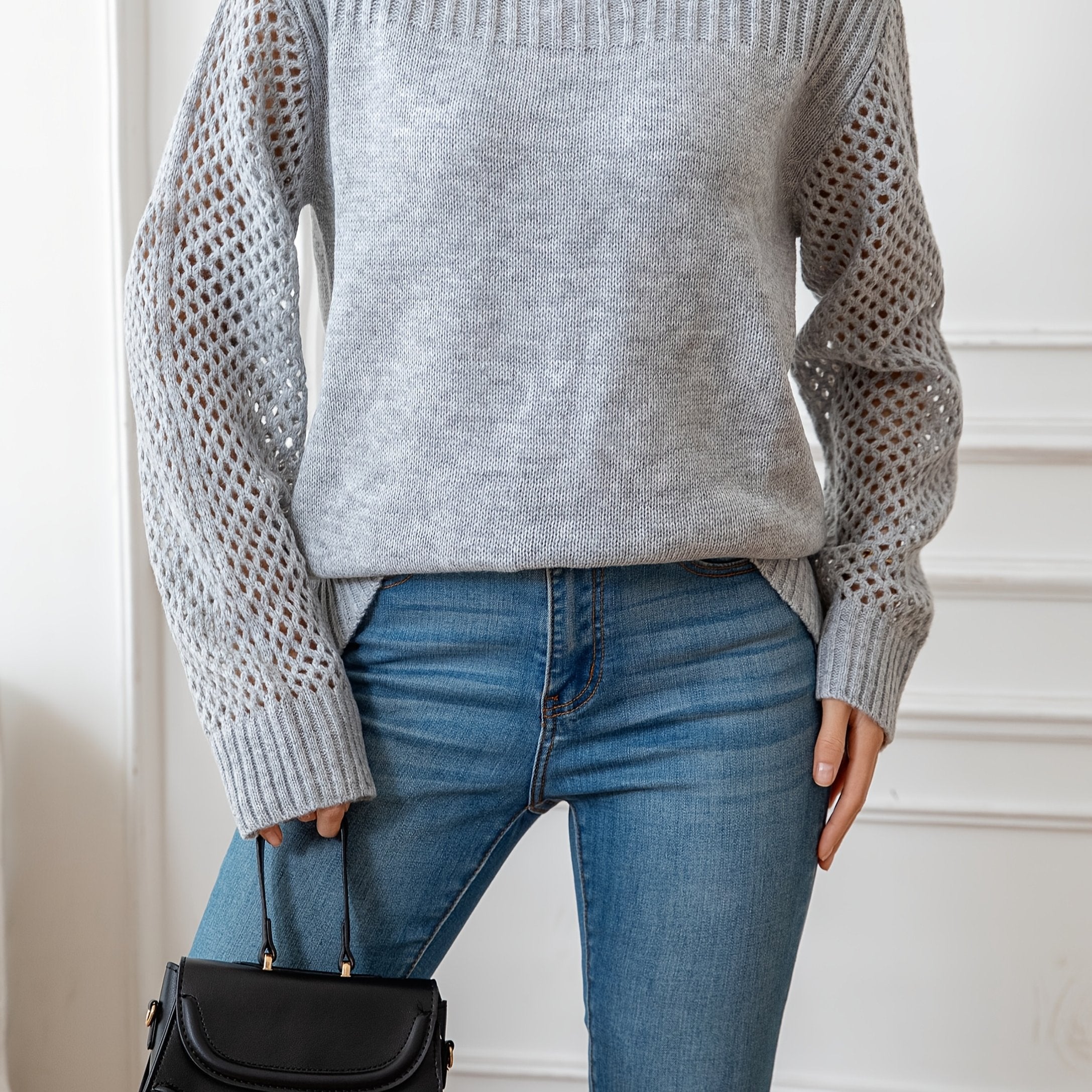 Plus Size Hollow Out Knitted Sweater Casual Long Sleeve Pullover Women