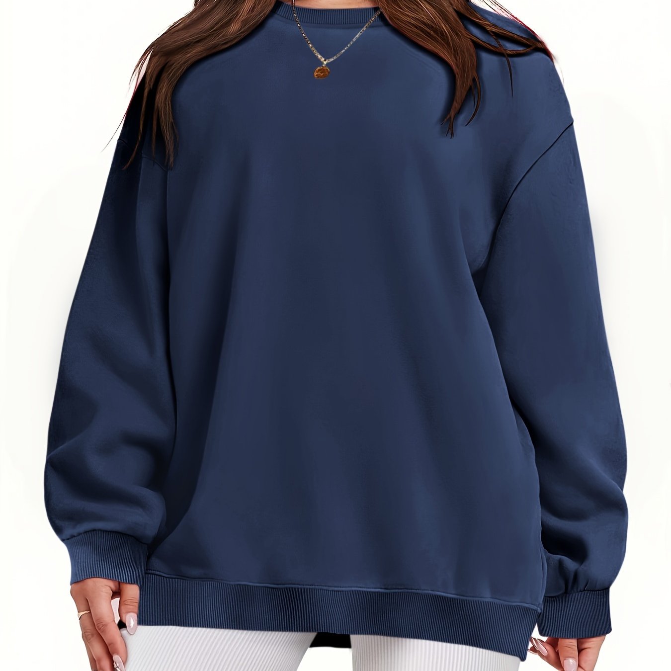 Plus Size Women's Solid Long Sleeve Crew Neck Sweatshirt Casual Fall Spring