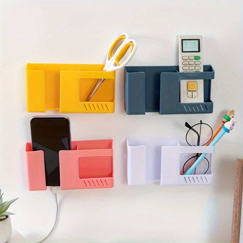 Colorful Wall Mounted Storage Rack for Organizing Remote Controls and Smartphones in Space-Saving Design with Utility Hooks