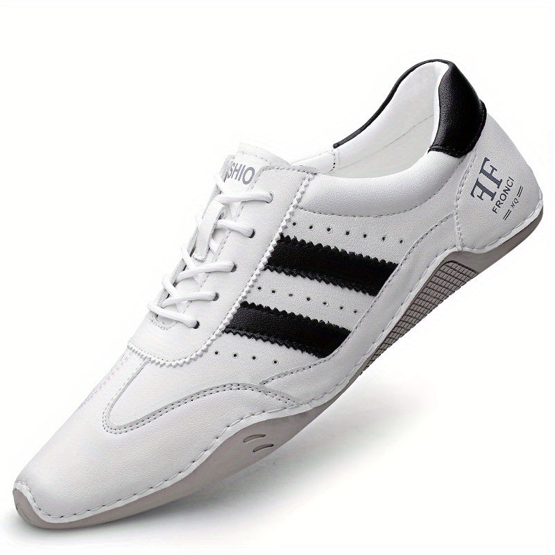 Men's Genuine Leather Sneakers White Black Stripe Rubber Sole Casual All-Season