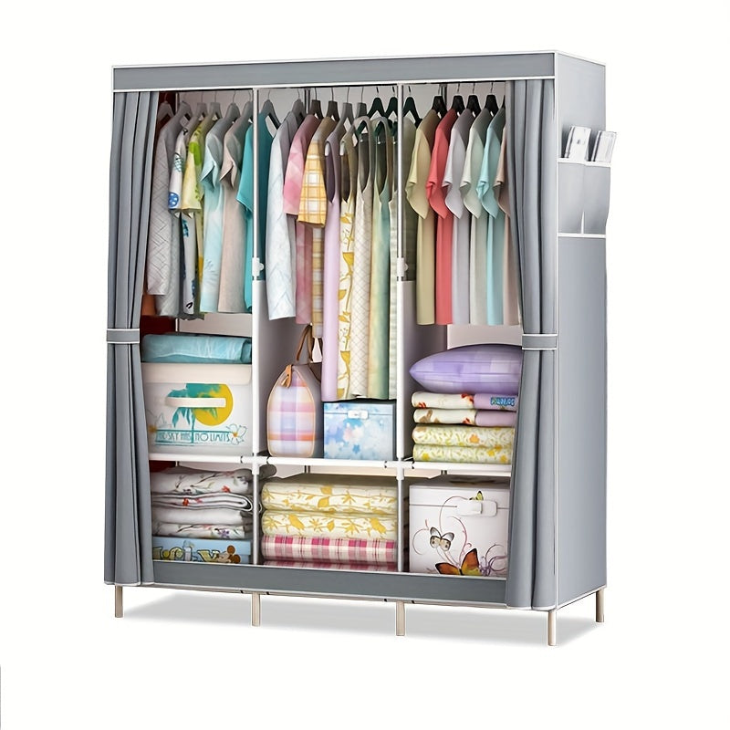 Metal Clothes Storage Wardrobe with Dustproof Cover and Shelves for Bedroom Dorm Entryway