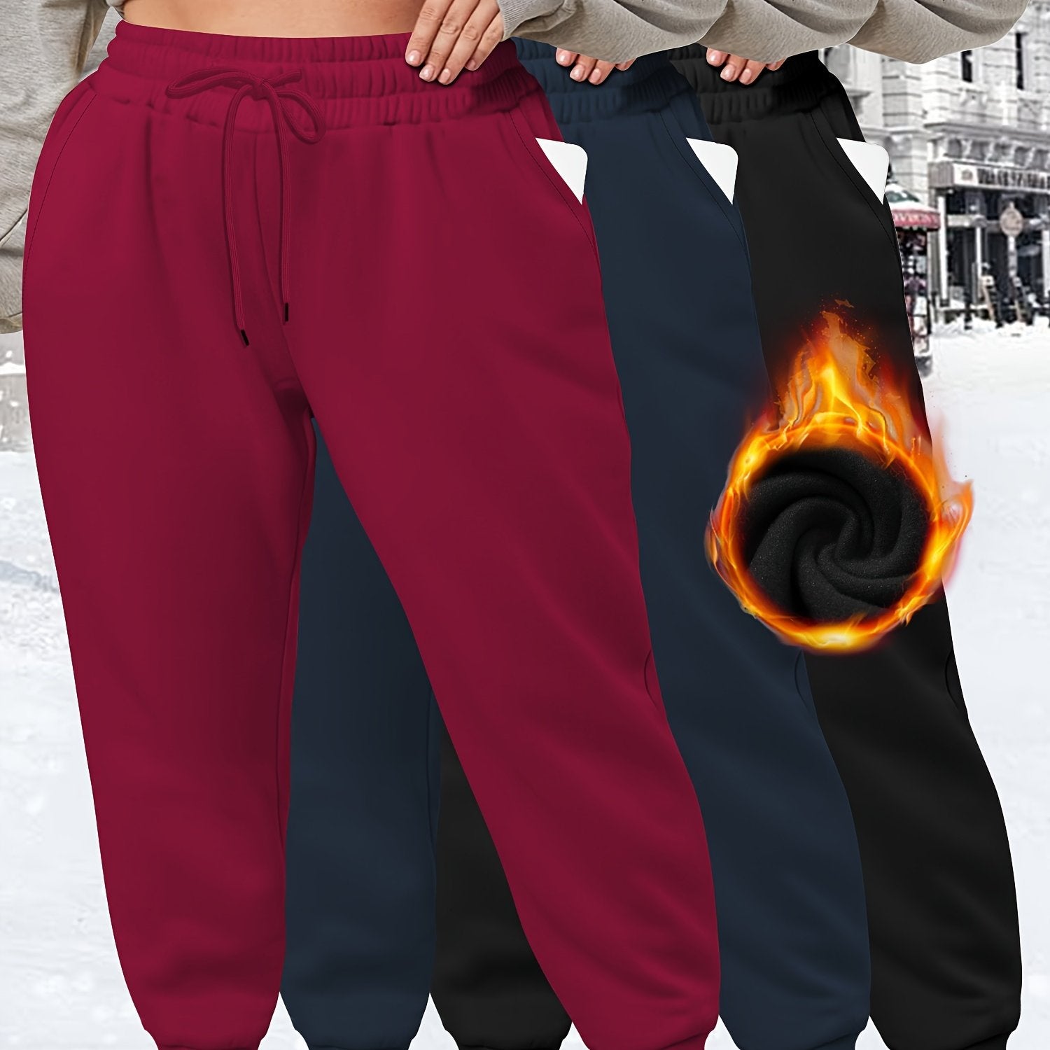 Plus Size Jogger Pants 3 Pack High Stretch Drawstring Waist Solid Cold Weather