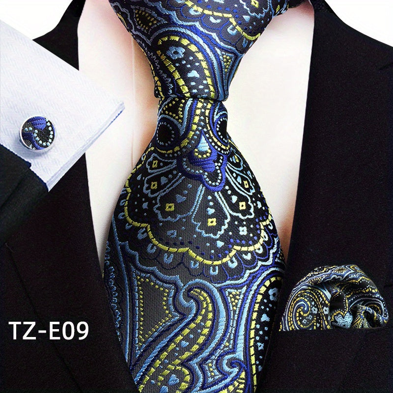 Set of 3 Paisley Jacquard Woven Neckties with Cufflinks and Pocket Squares for Men
