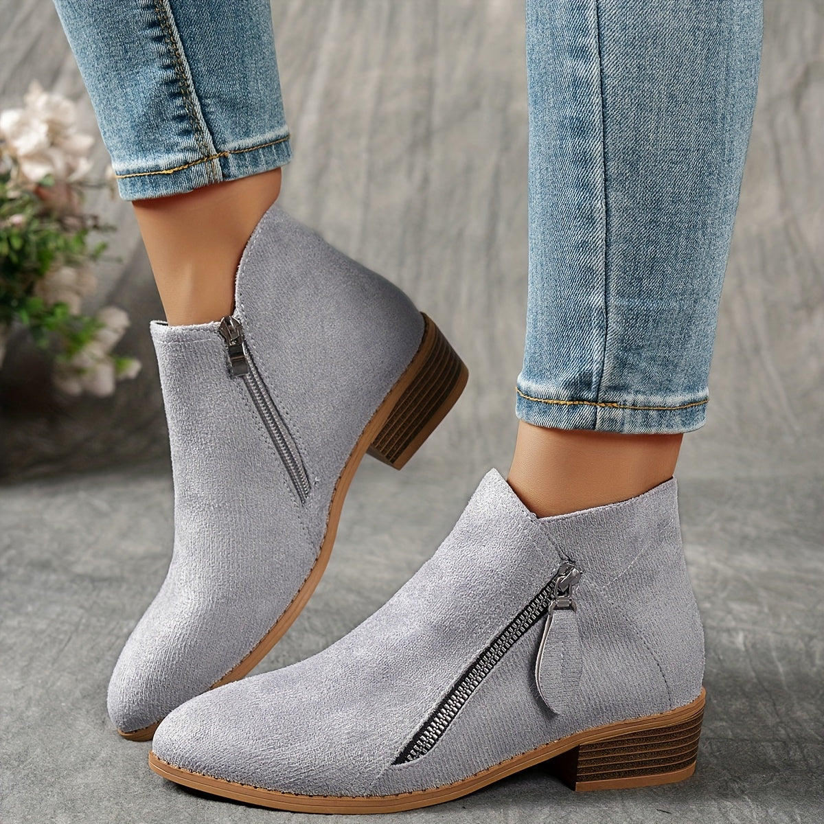 Women Velvet Ankle Boots Solid Color Chunky Heel Side Zipper Pointed Toe