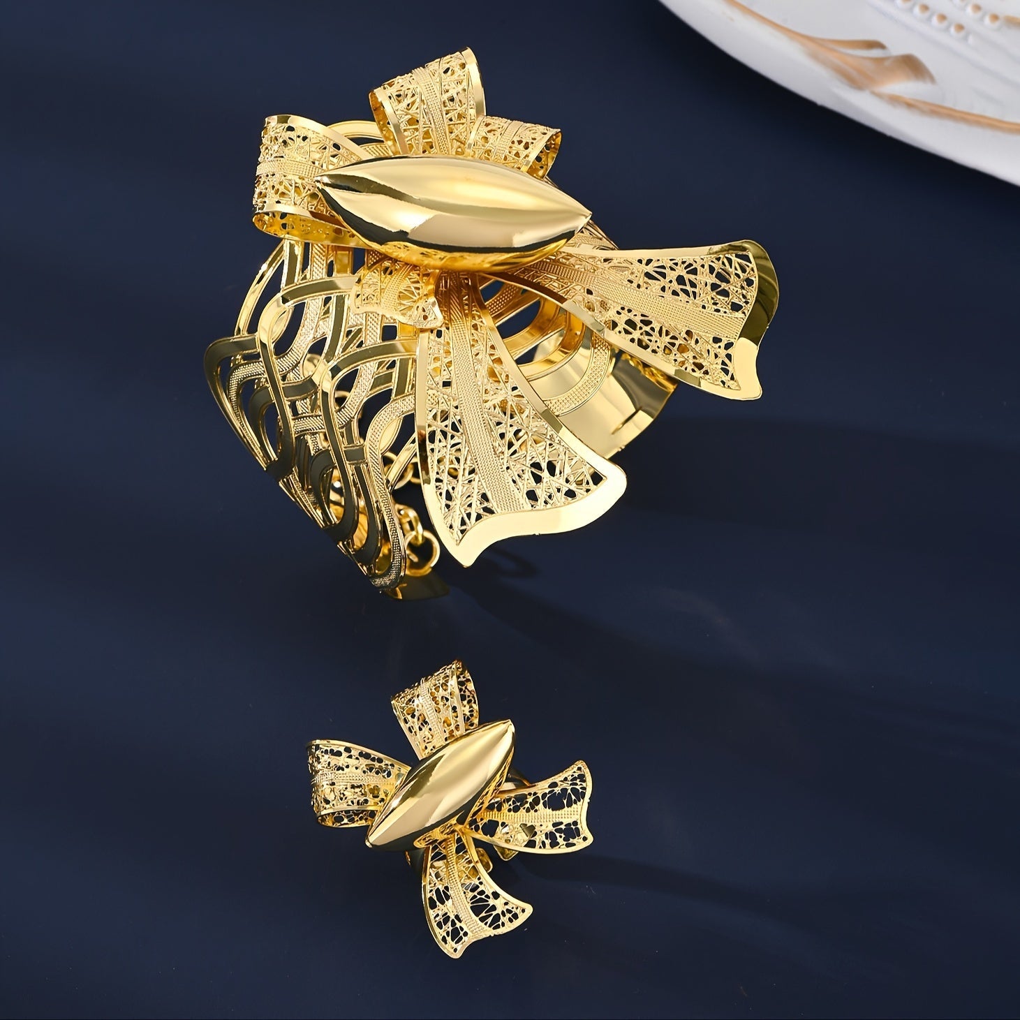 Set of 4 Brass Jewelry Pieces Big Flower Necklace Earrings Bracelet Ring 18k Gold Plated Women Party Wedding