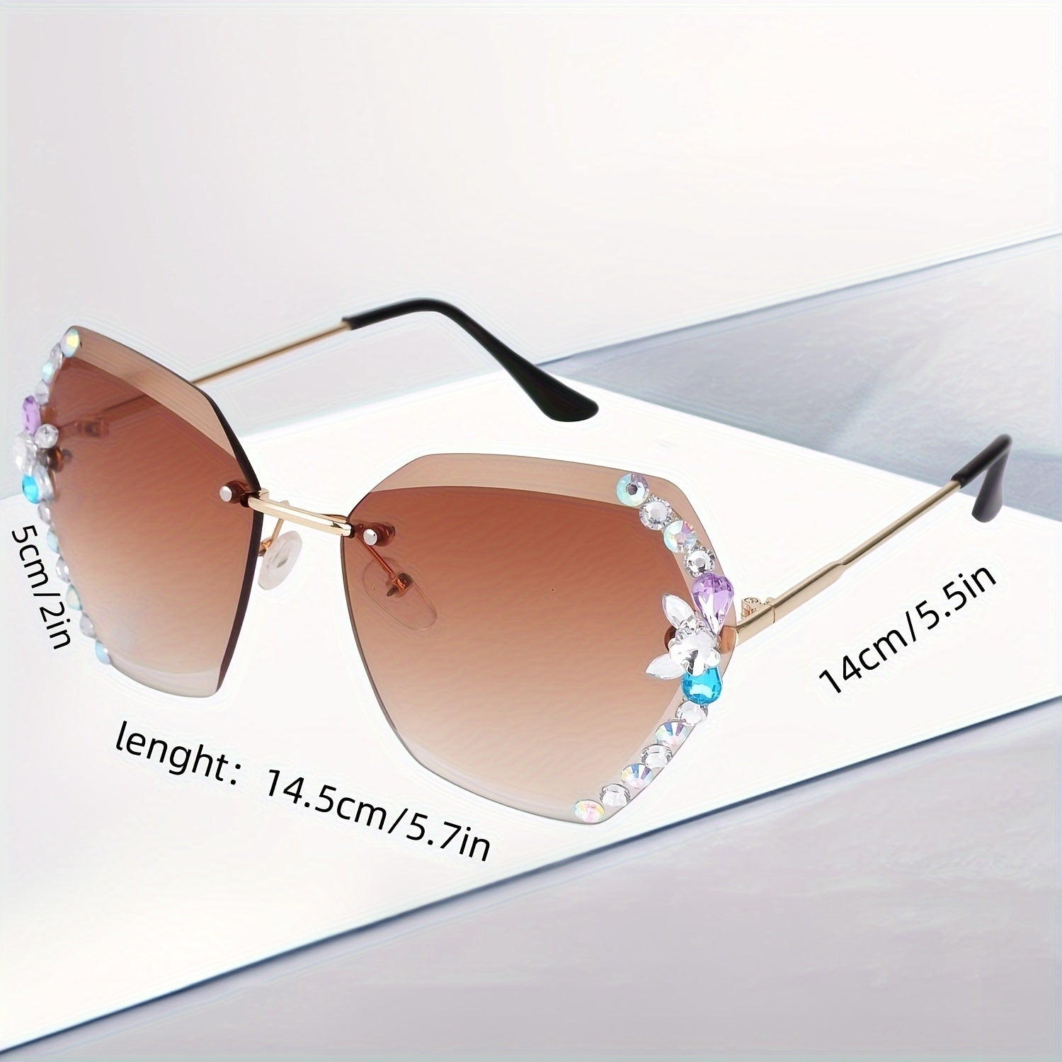 Women's Rimless Oversized Gradient Lens Glasses with Rhinestone Accents for Beach and Casual Wear