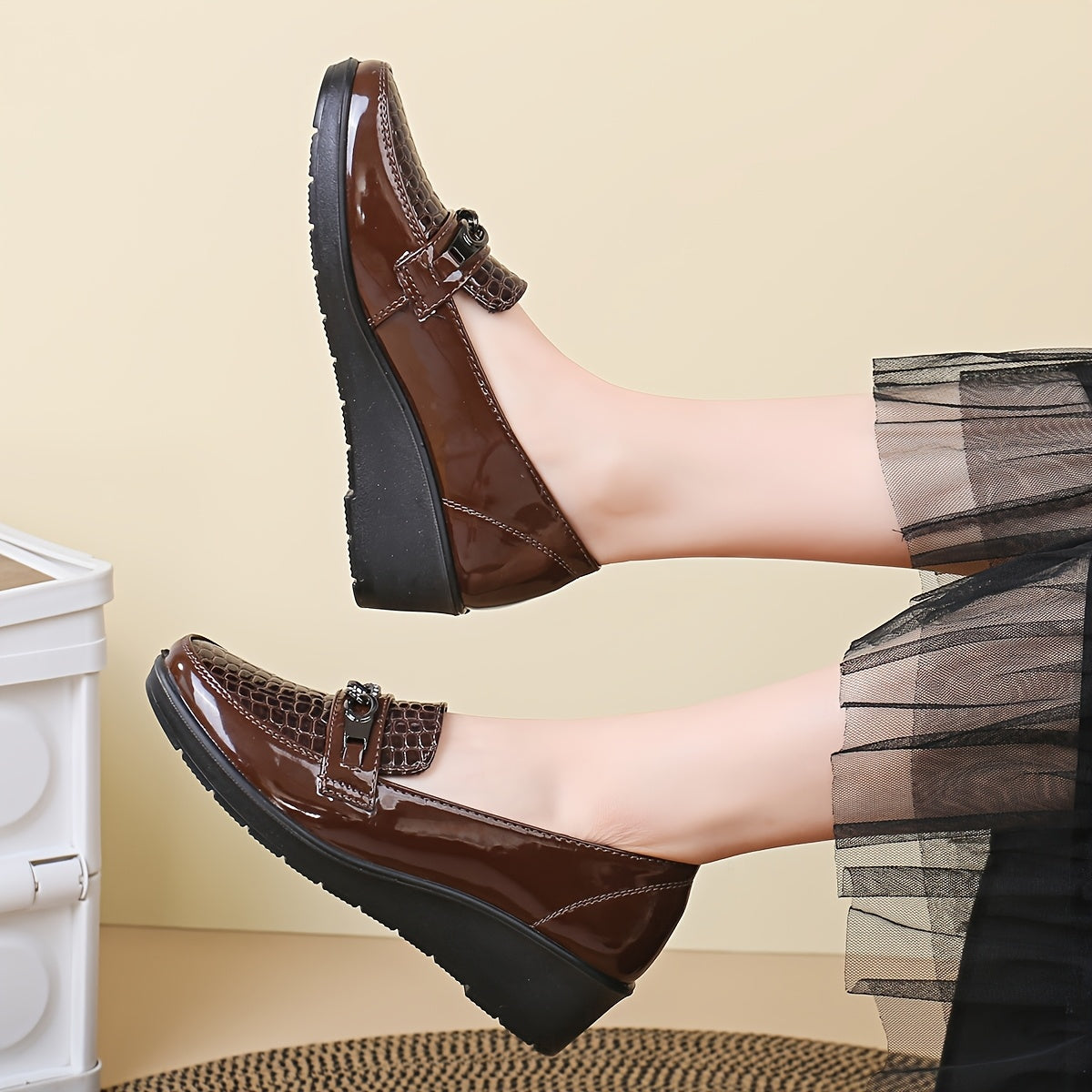 Women's Slip-On Loafers Faux Leather Glossy Finish Buckle Casual Comfortable