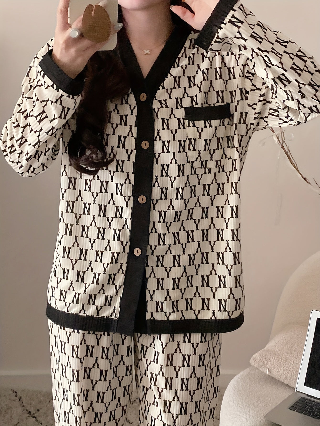 Розовый и синий корейский стиль пижамный комплект для женщин с открытой передней частью, весна, осень, длинный рукав