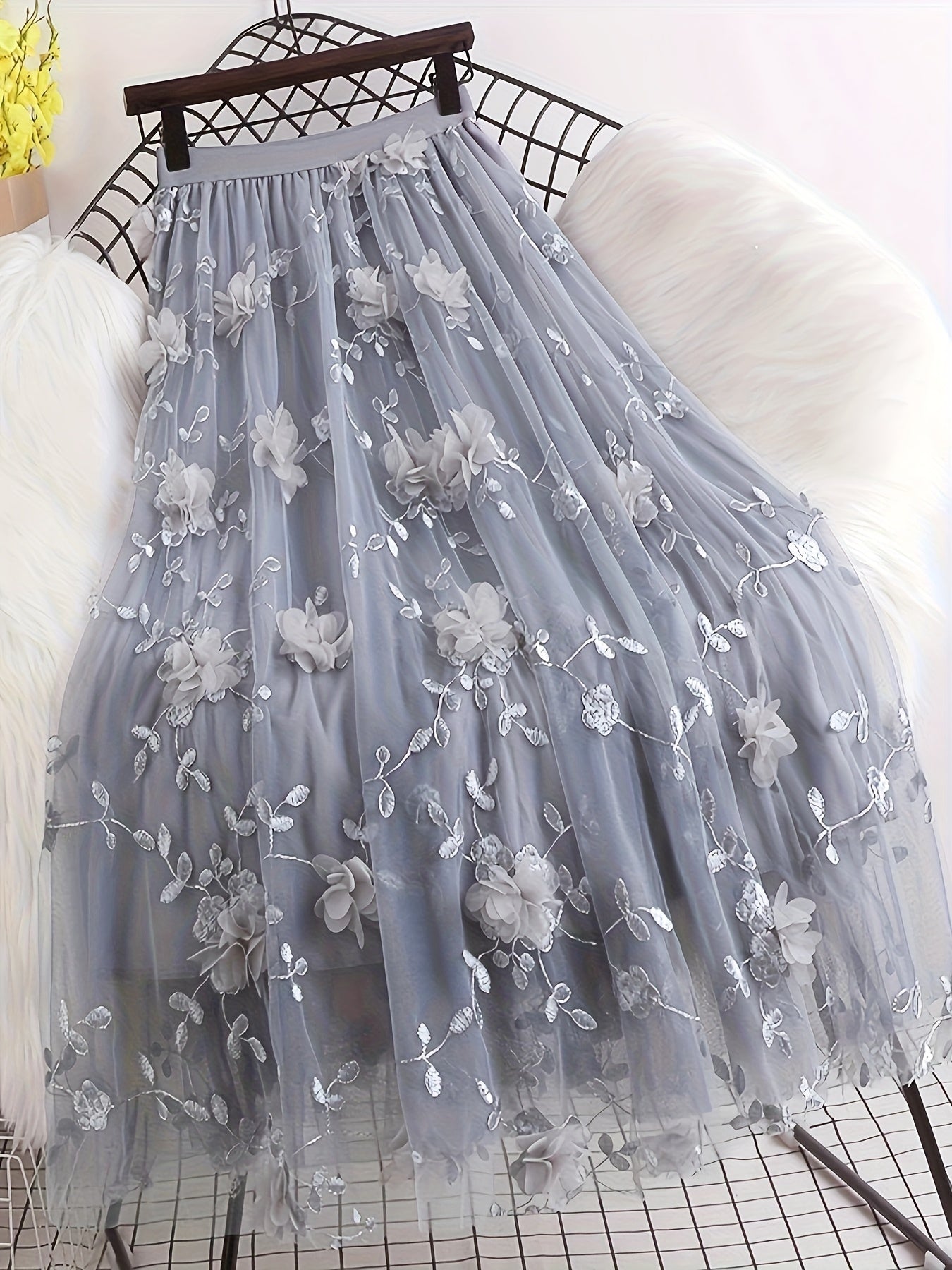 Women's Sheer Mesh Embroidered Midi Skirt with 3D Floral Tulle Ruffled Hem