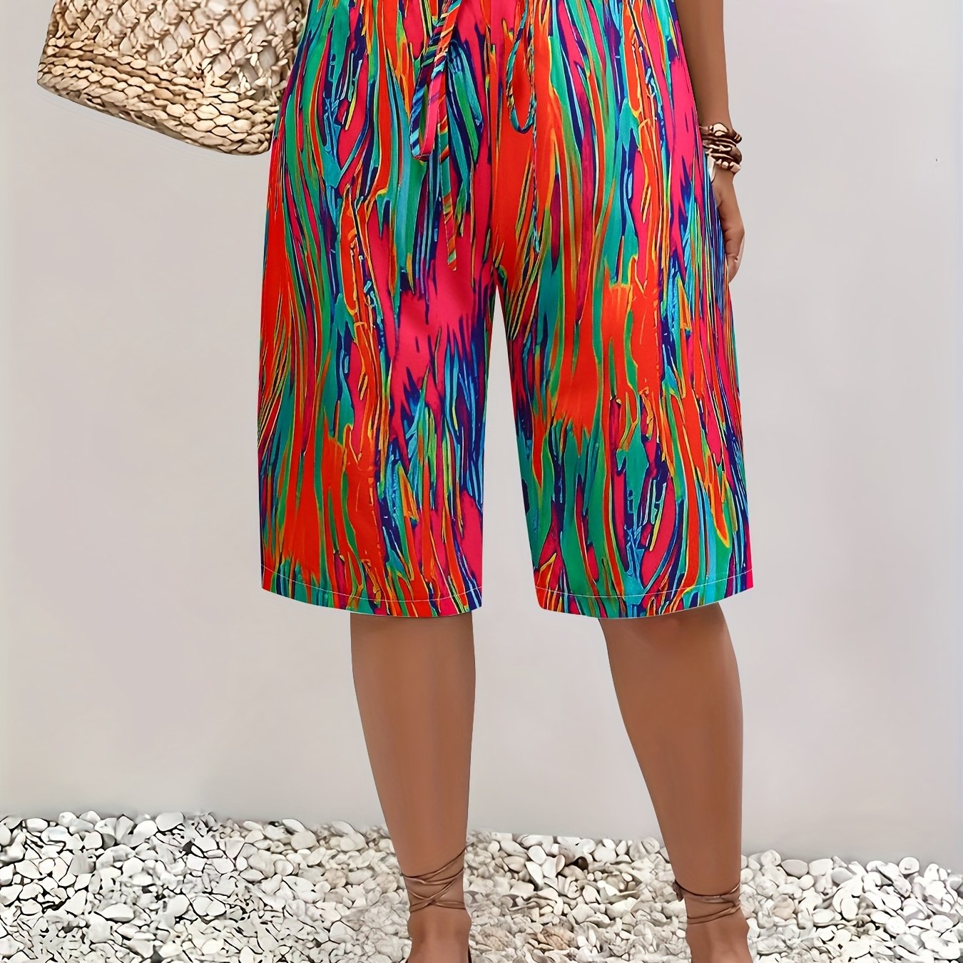 Plus o'lcham ayollar uchun rangli blokli tie-dye Bermuda shortlari yengil yozki kundalik