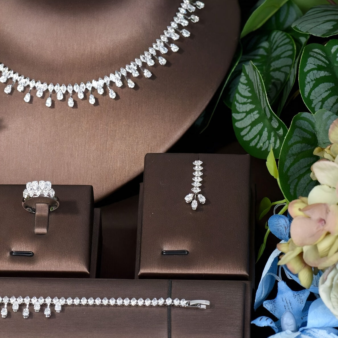 Luxury Wedding Jewelry Set for Women with Cubic Zirconia Necklace Earrings Bracelet Ring