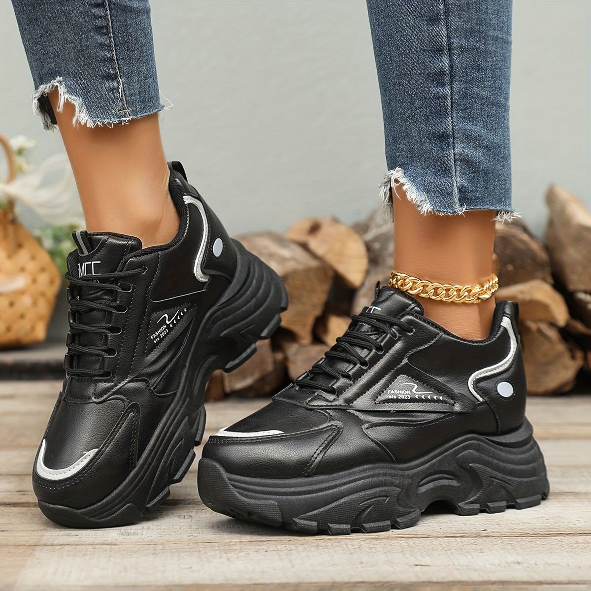 Women's Chunky Sneakers with Wedge Heel Casual Lace-Up Low Top Rubber Sole
