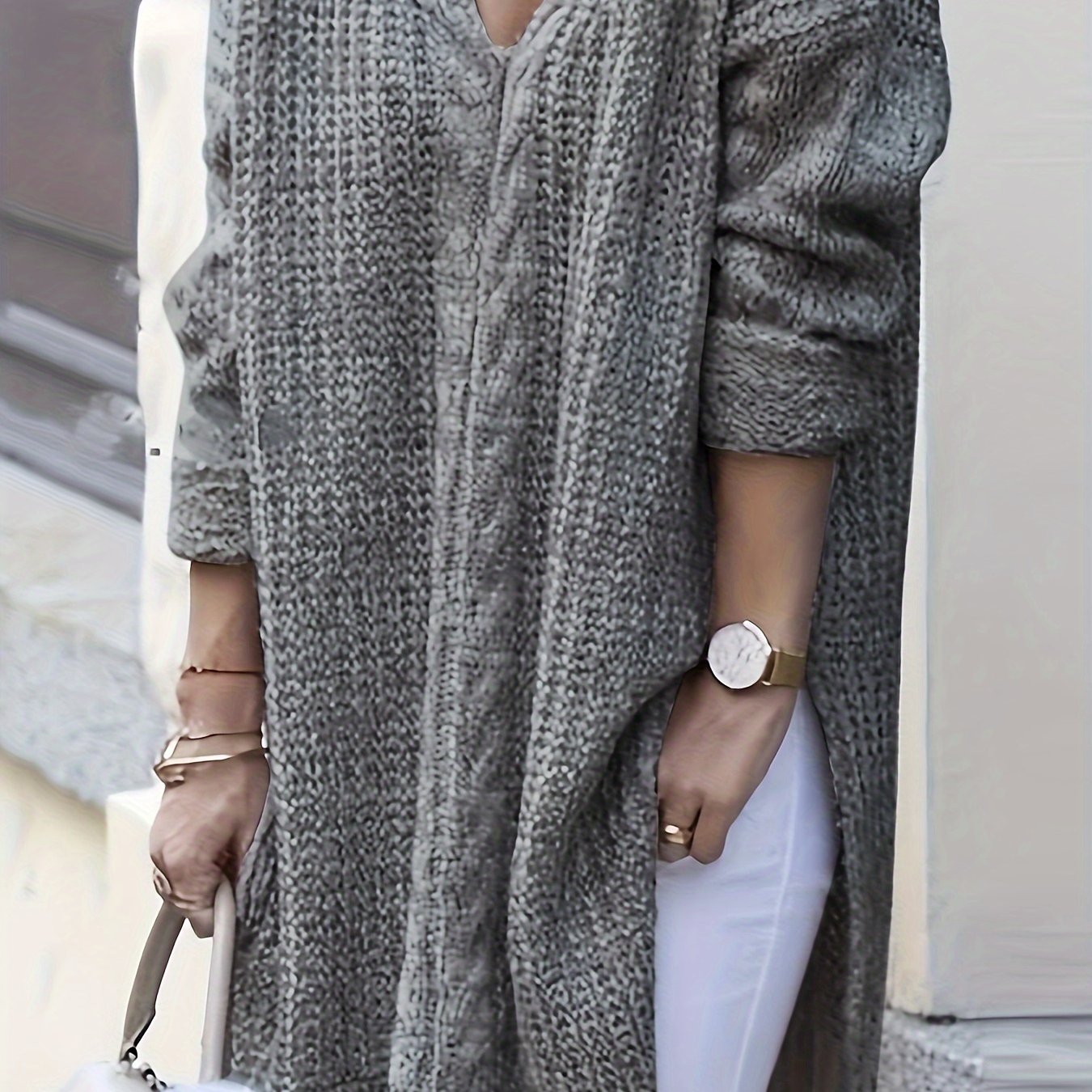 Plus Size Women's Loose Deep V-Neck Sweater Casual Pullover with Slit Hem