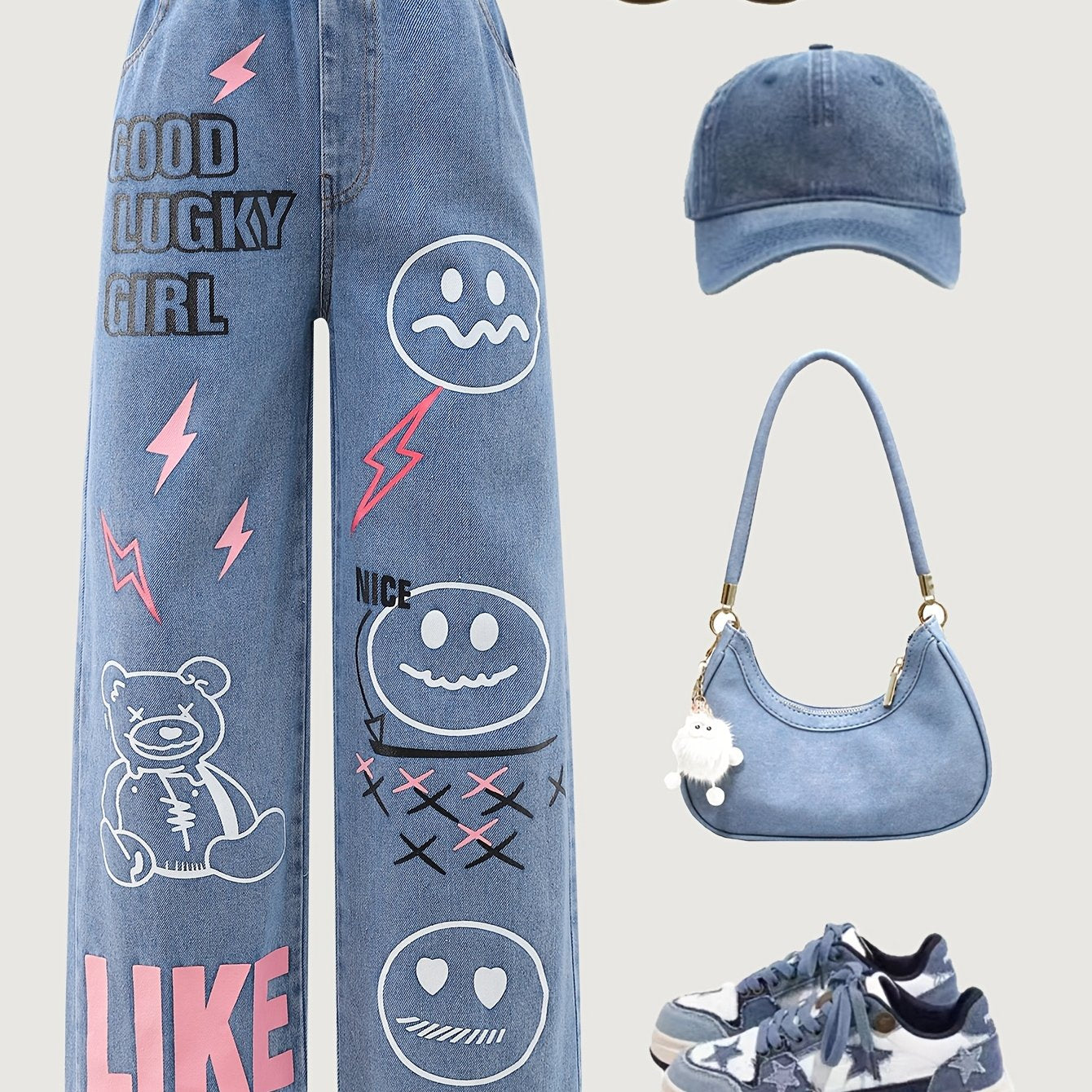 Girls' Wide Leg Denim Jeans for Girls Over 3 Years Cartoon Bear Letter Print Street Style