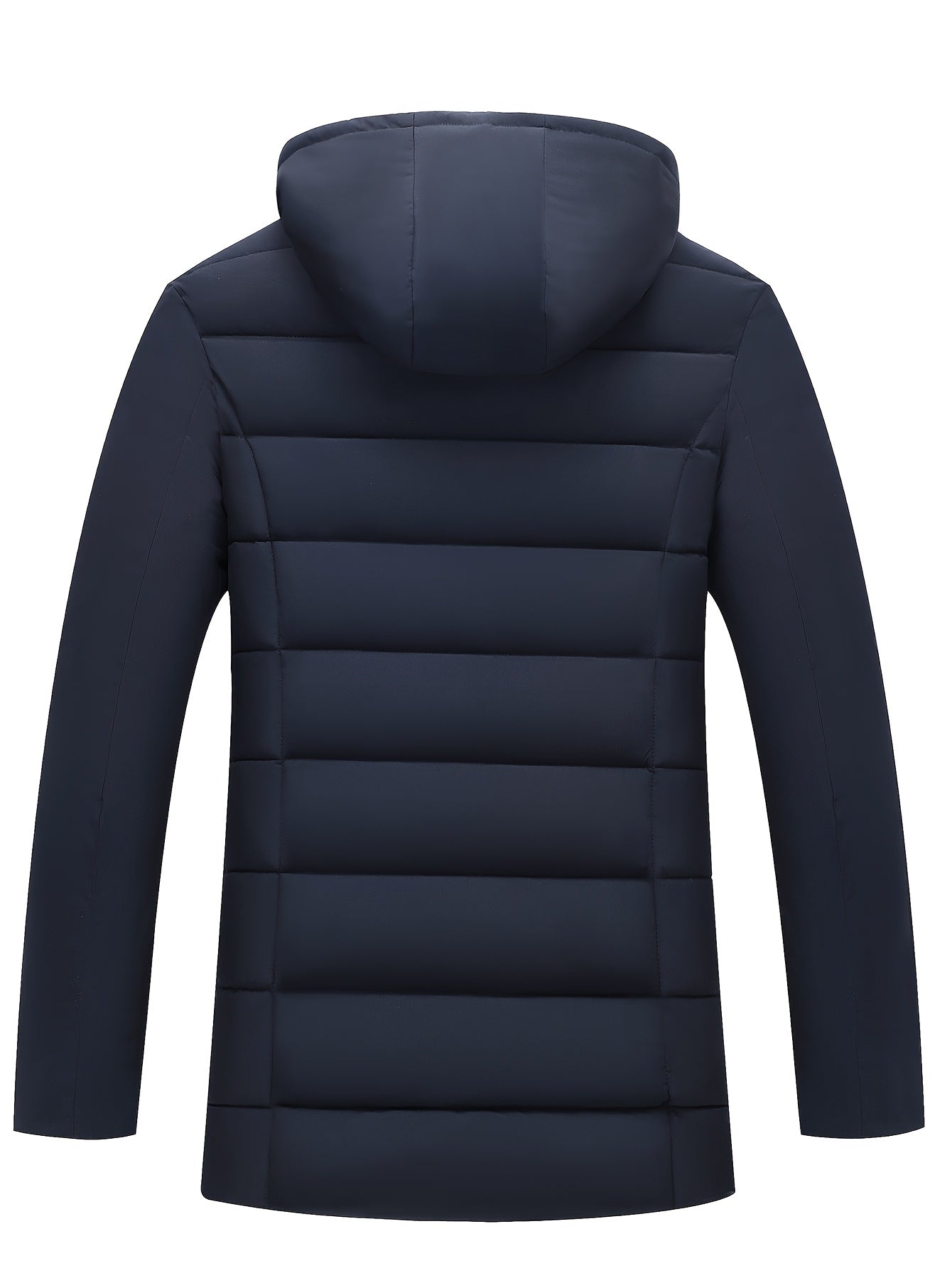 Men's Navy Blue Fleece-Lined Mid-Length Zip-Up Hooded Jacket with Pockets