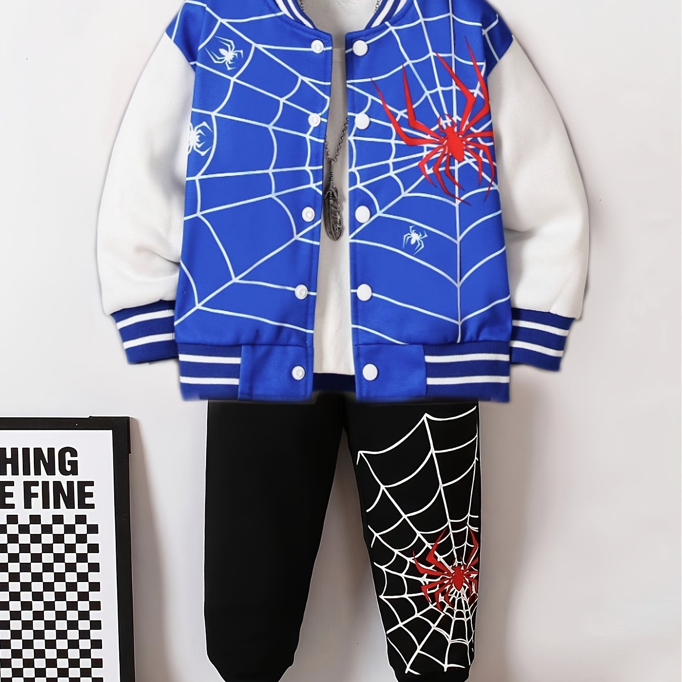 Kids Boys Spider Print Baseball Jacket and Pants Set Long Sleeve Spring Fall Casual
