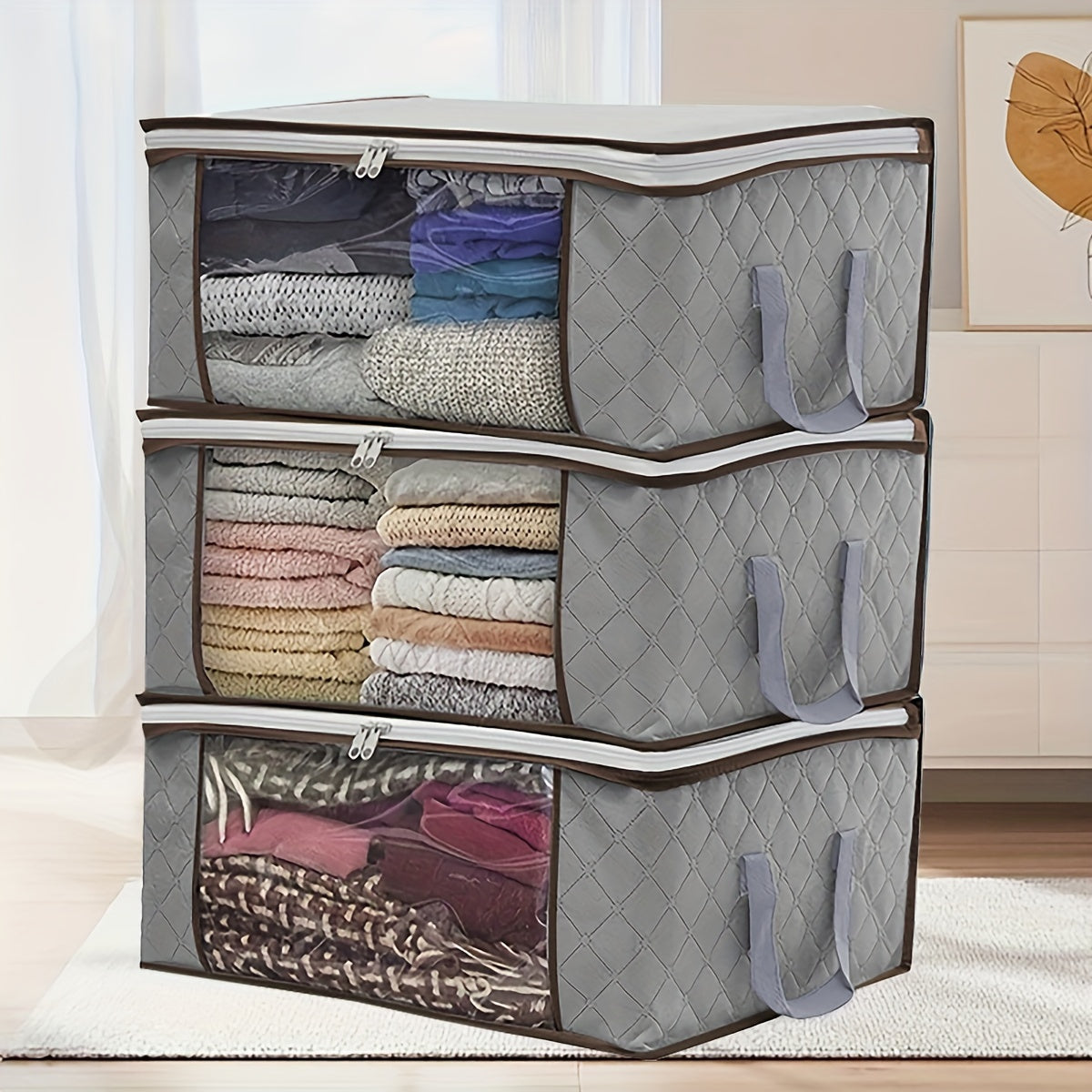 Bolsa de almacenamiento de ropa plegable con asa reforzada y ventana transparente 37L gris azul, organizador de armario para suéteres, abrigos y camisetas