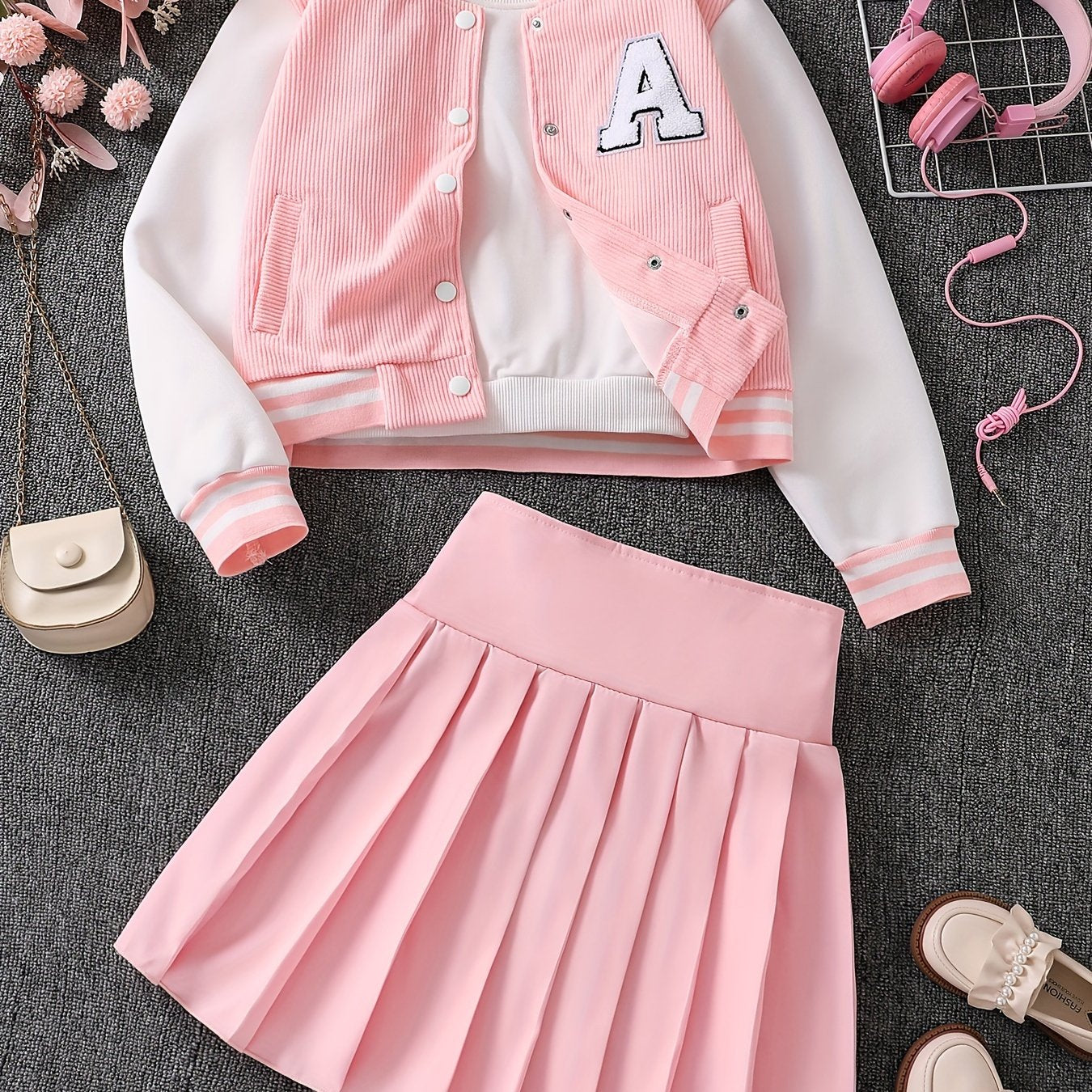 Kids' Polyester Baseball Jacket and Pleated Skirt Set for Girls Spring Fall