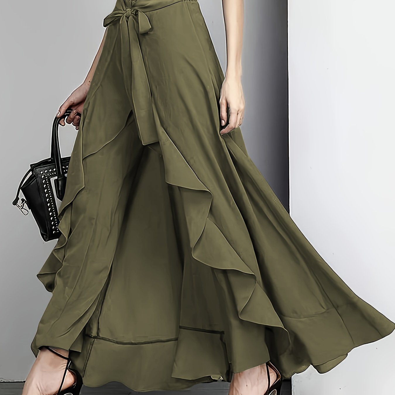 Pantalones acampanados con volantes de color sólido para mujer en 100% poliéster, de pierna recta para todas las estaciones