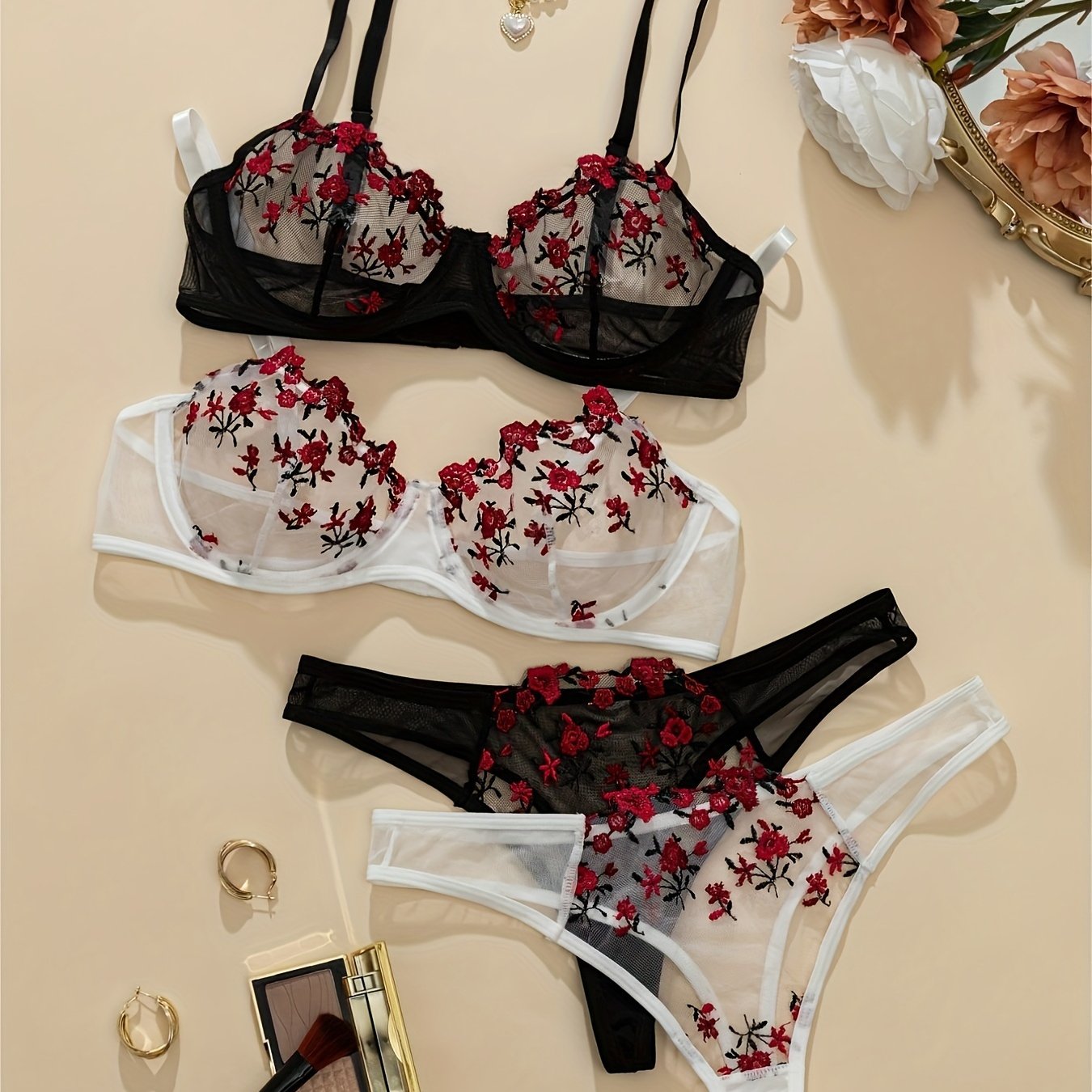 Women's Lace Lingerie Set with Flower Embroidery Mesh See-Through Bra and Thong