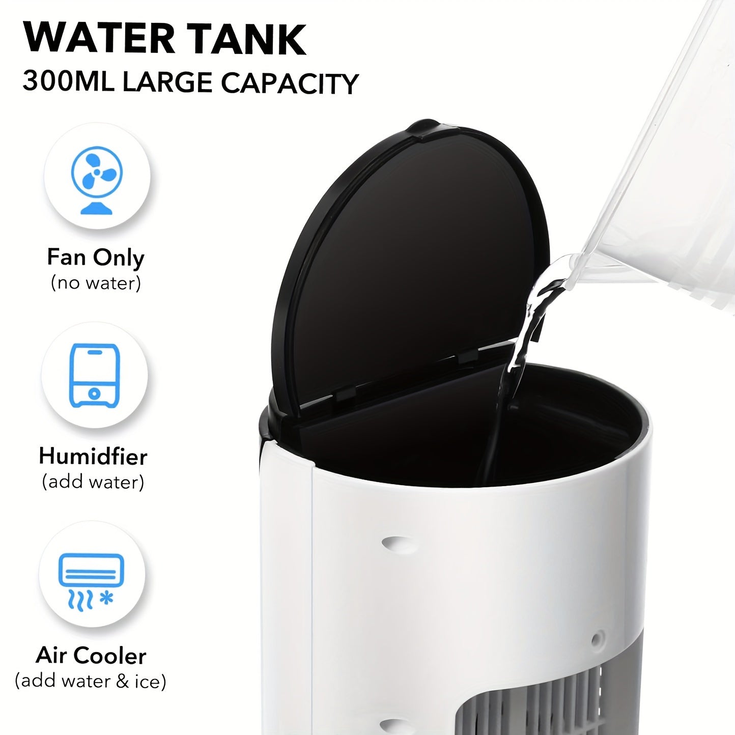 USB quvvatlangan portativ havo konditsioneri humidifikatori, 6 ta sozlanadigan tezlik bilan, 300ml suv tanki, turli xonalar uchun ideal, mustahkam plastikdan tayyorlangan, ≤36V da ishlaydi.