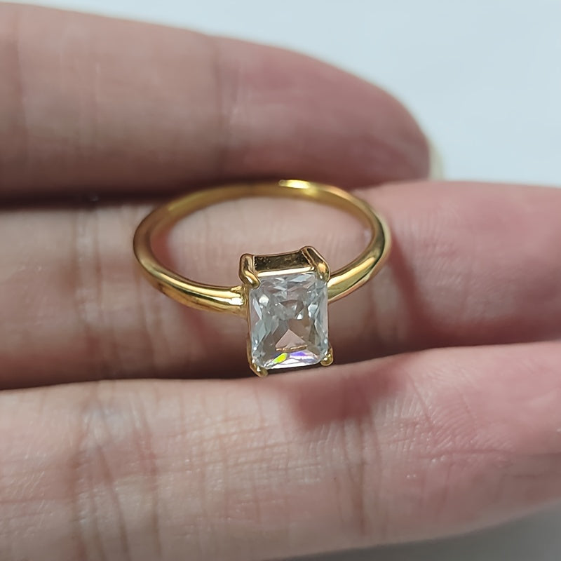 Gold Plated Titanium Steel Ring with Square Cut Zirconia Solitaire