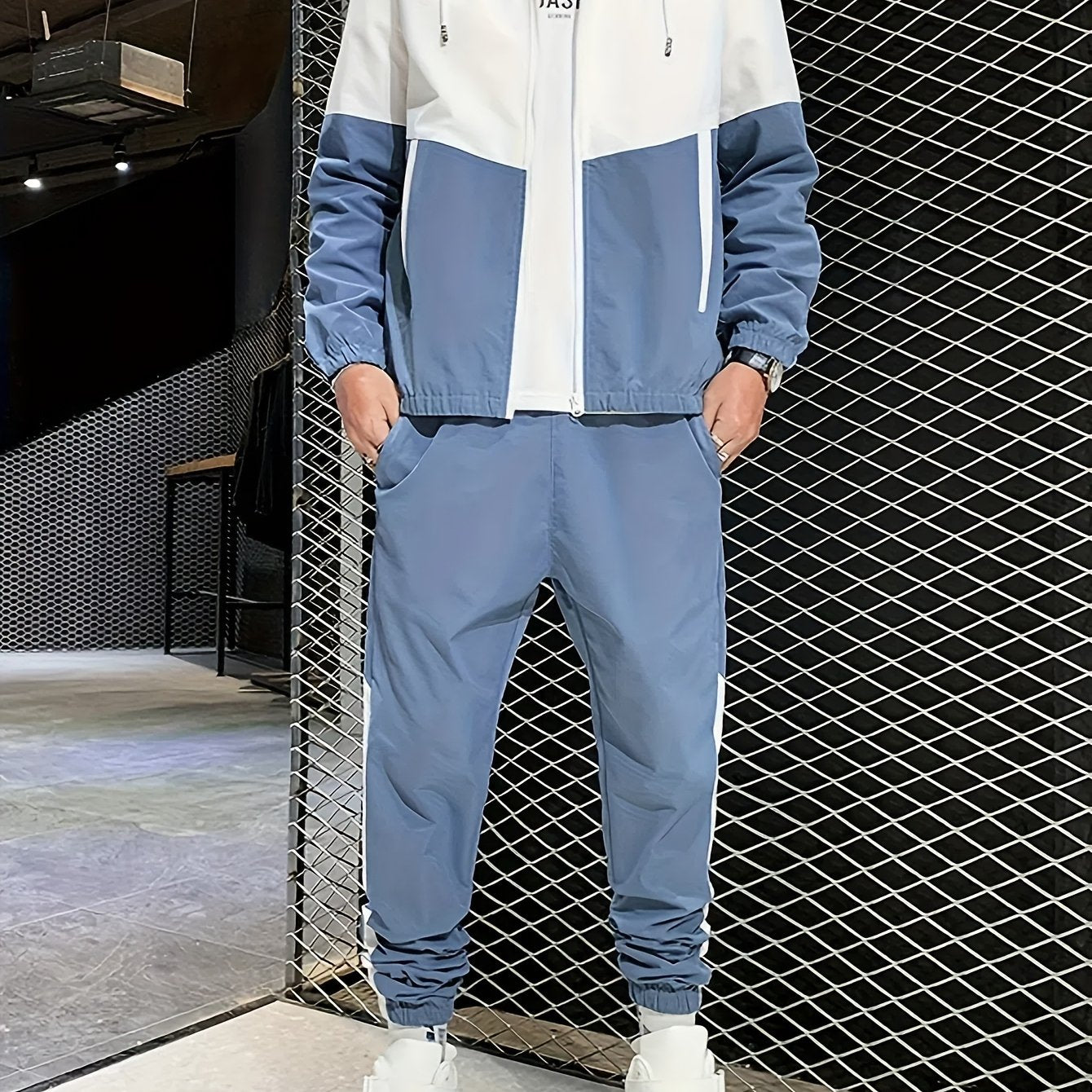 Men's Athletic Hoodie and Pants Set Blue White Color Block Polyester Spring Fall Sportswear