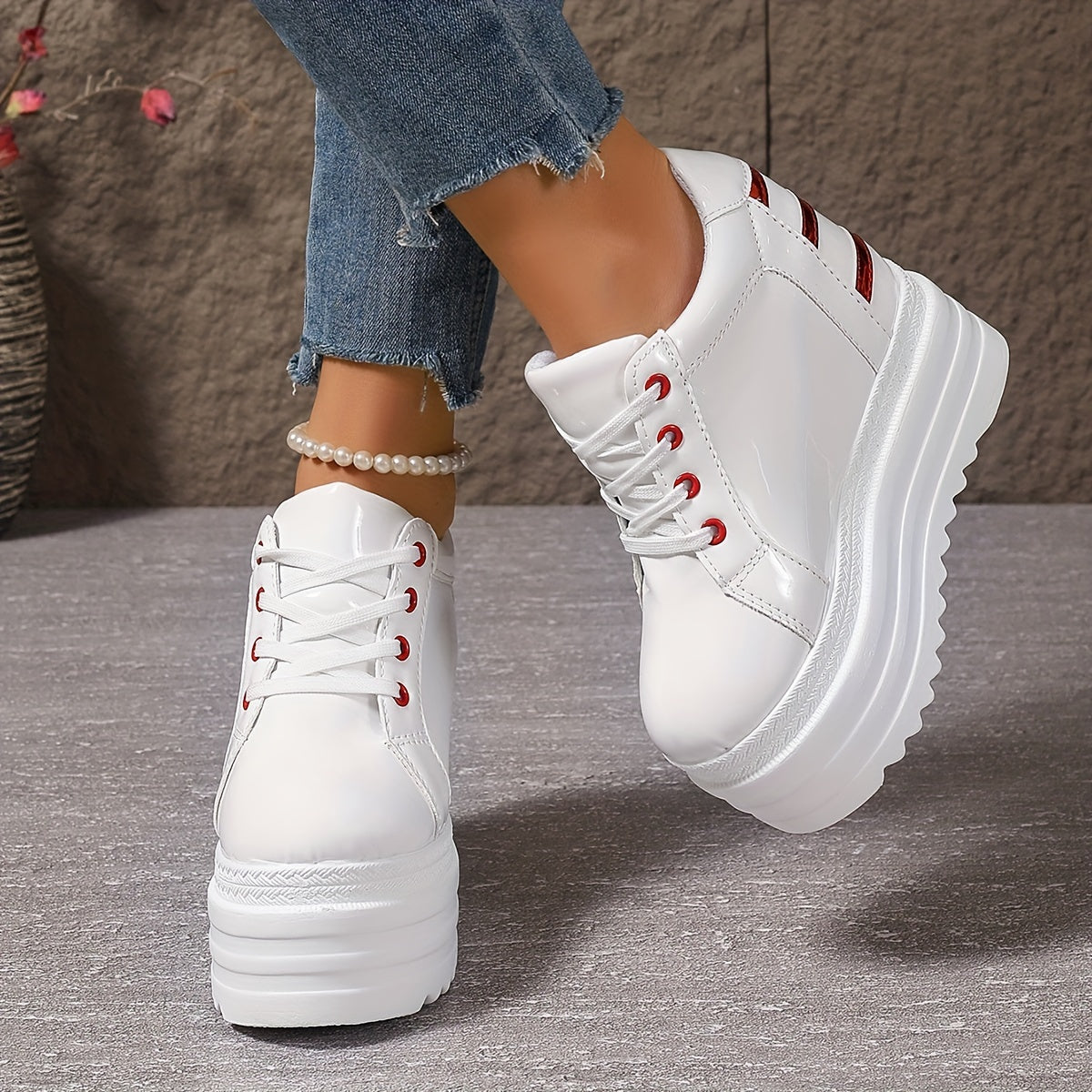 Women's White Platform Sneakers with Thick Sole and Lace-Up