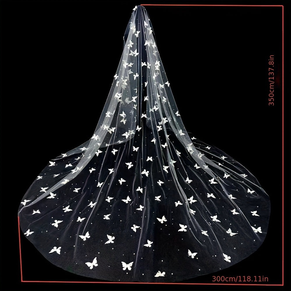 Handcrafted Bridal Veil with Butterflies and Pearls Romantic Yarn Forest-Inspired Wedding Accessory