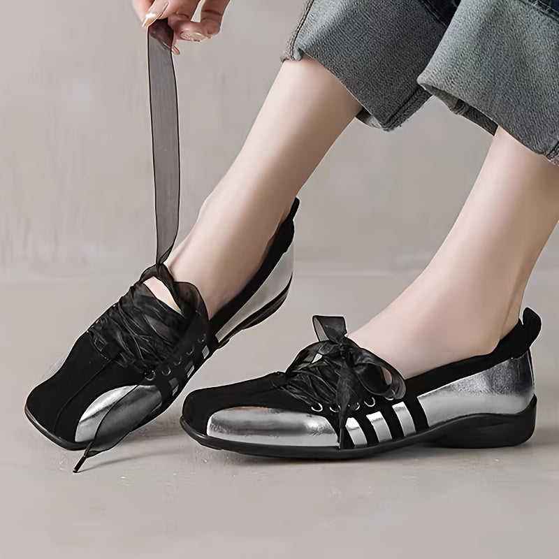 Women's French-Inspired Mary Jane Flats Square Toe Lace-Up Shoes Black White