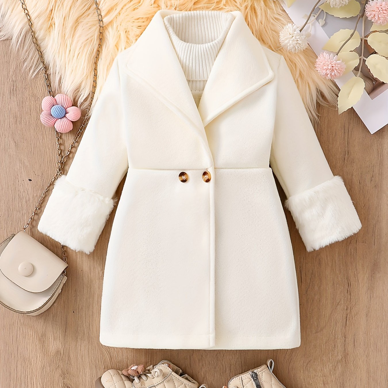 Girls Winter Coat with Faux Fur Trim Plush Lining Lapel Collar Solid Color