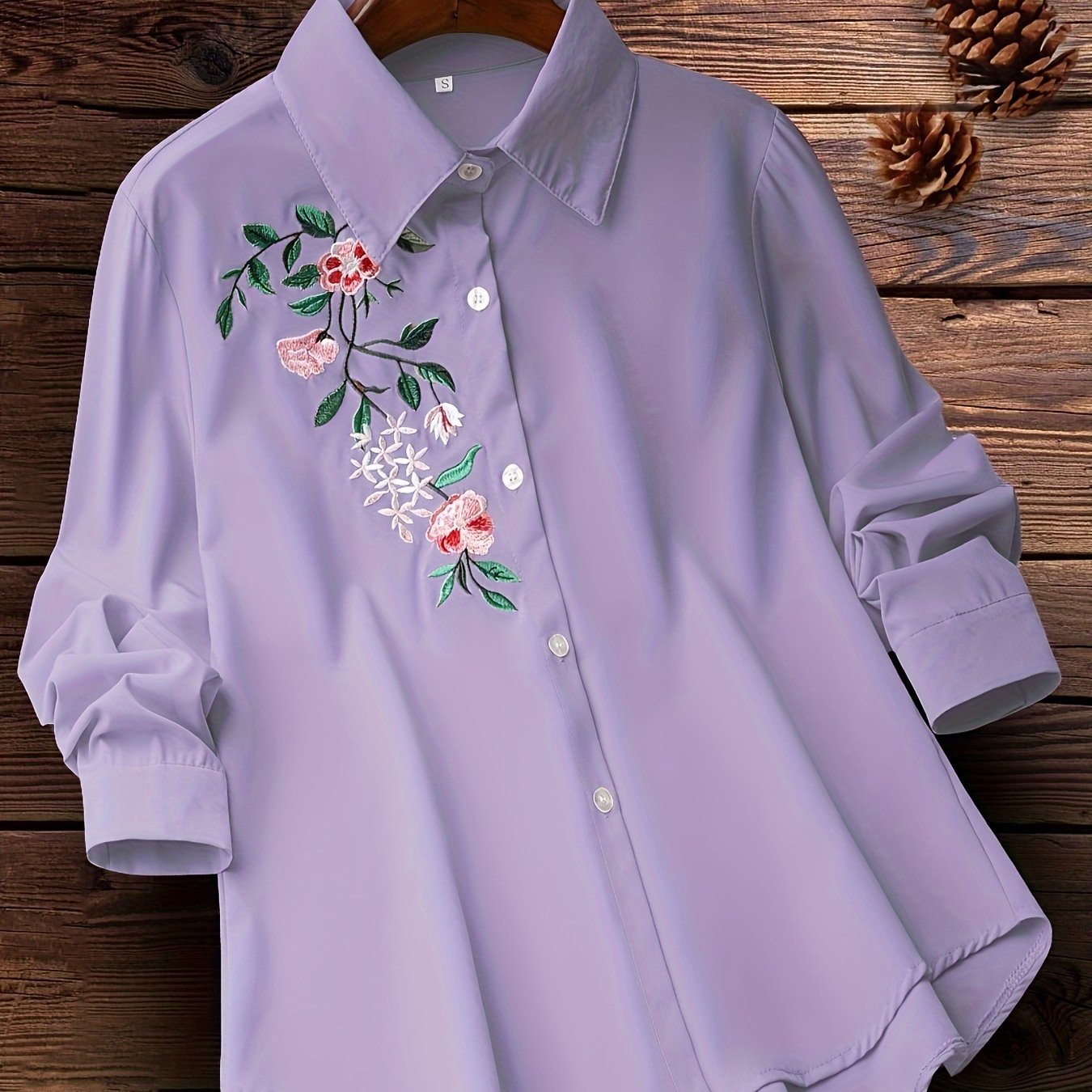 Women's Embroidered Floral Woven Shirt with Lapel Collar for Spring and Fall