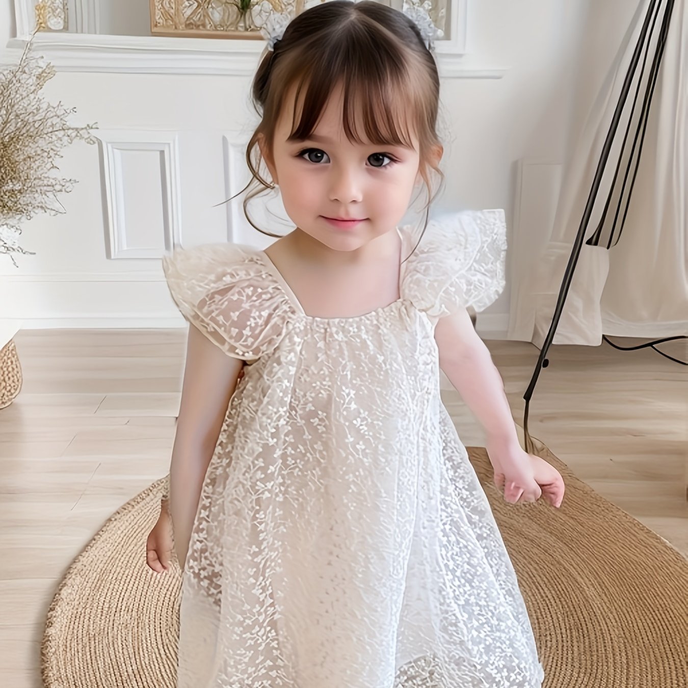 Qizlar uchun gullar bilan jacquard, uchuvchi yenglar va orqa qismi ochiq dizaynga ega nafis dantel ko'ylak.