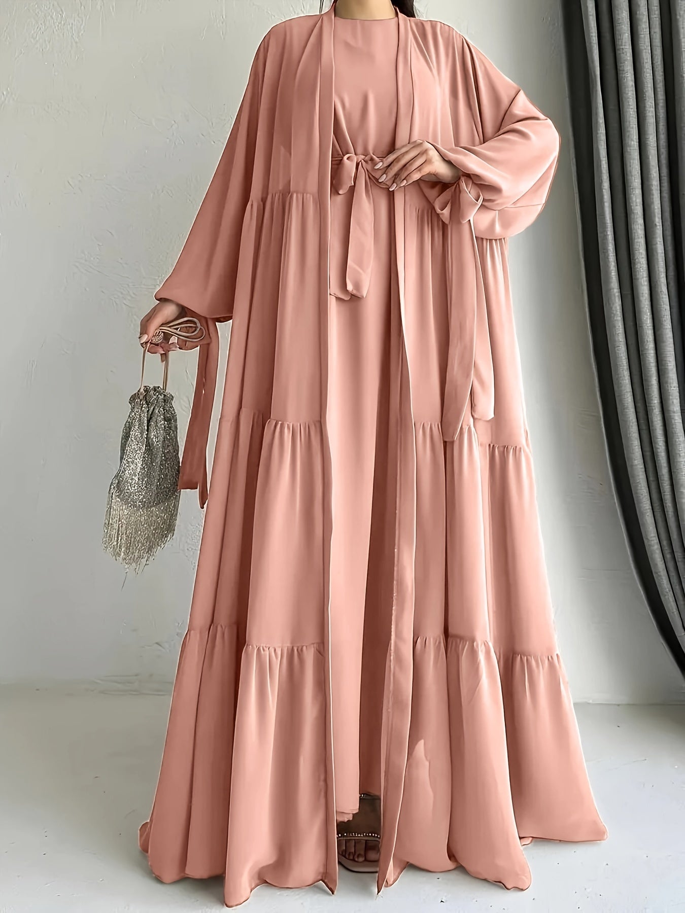 Middle Eastern Abaya Set with Chiffon Robe and Belt Long Sleeve Lantern Ruffle Hem Solid