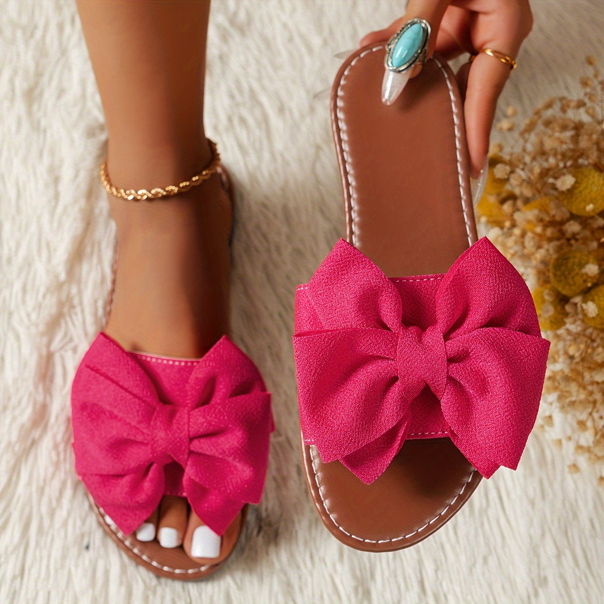 Ladies Flat Sandals Bowknot Open-Toe Non-Slip Casual Beach Shoes