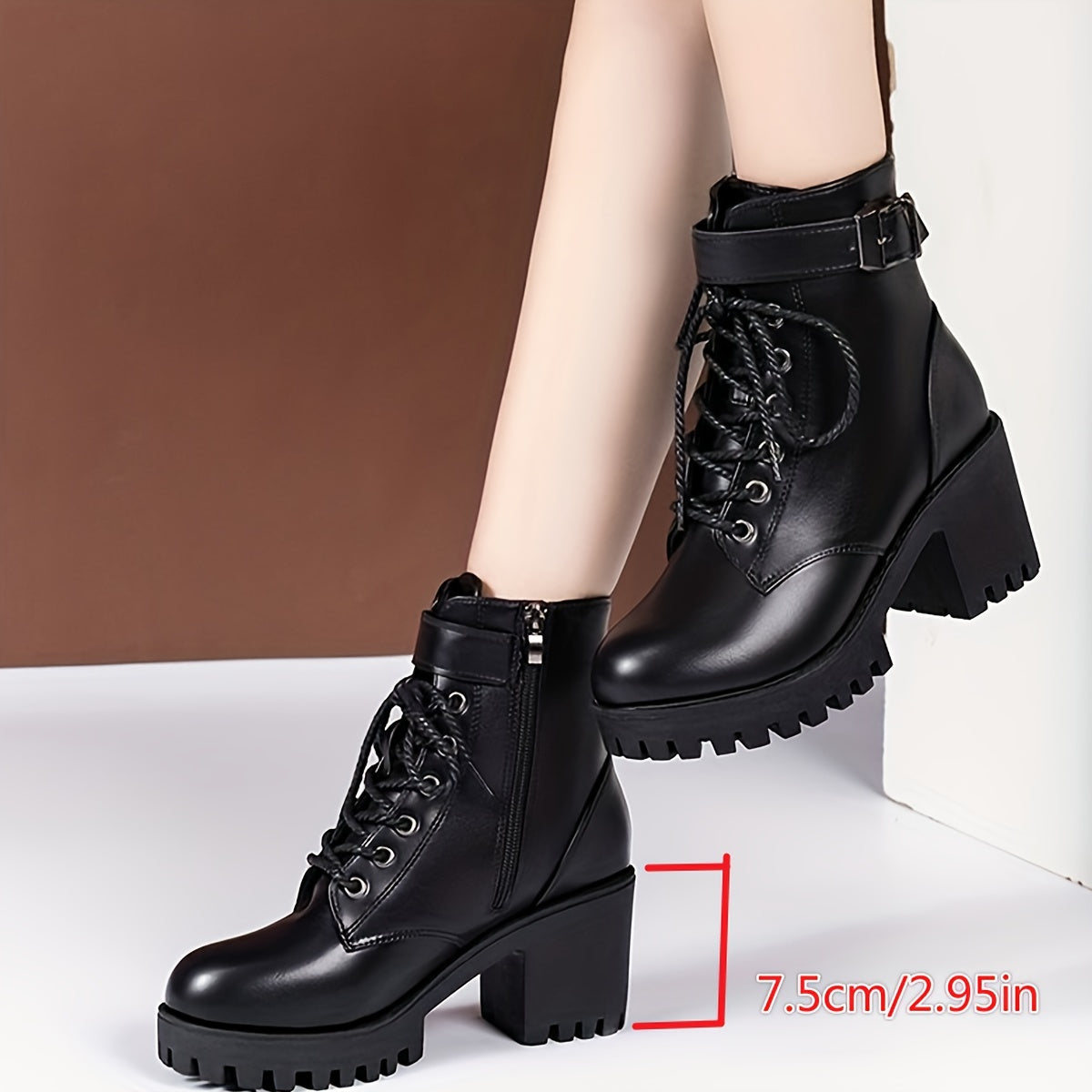 Women's Leather Chunky Heel Ankle Boots With Belt Buckle and Zipper
