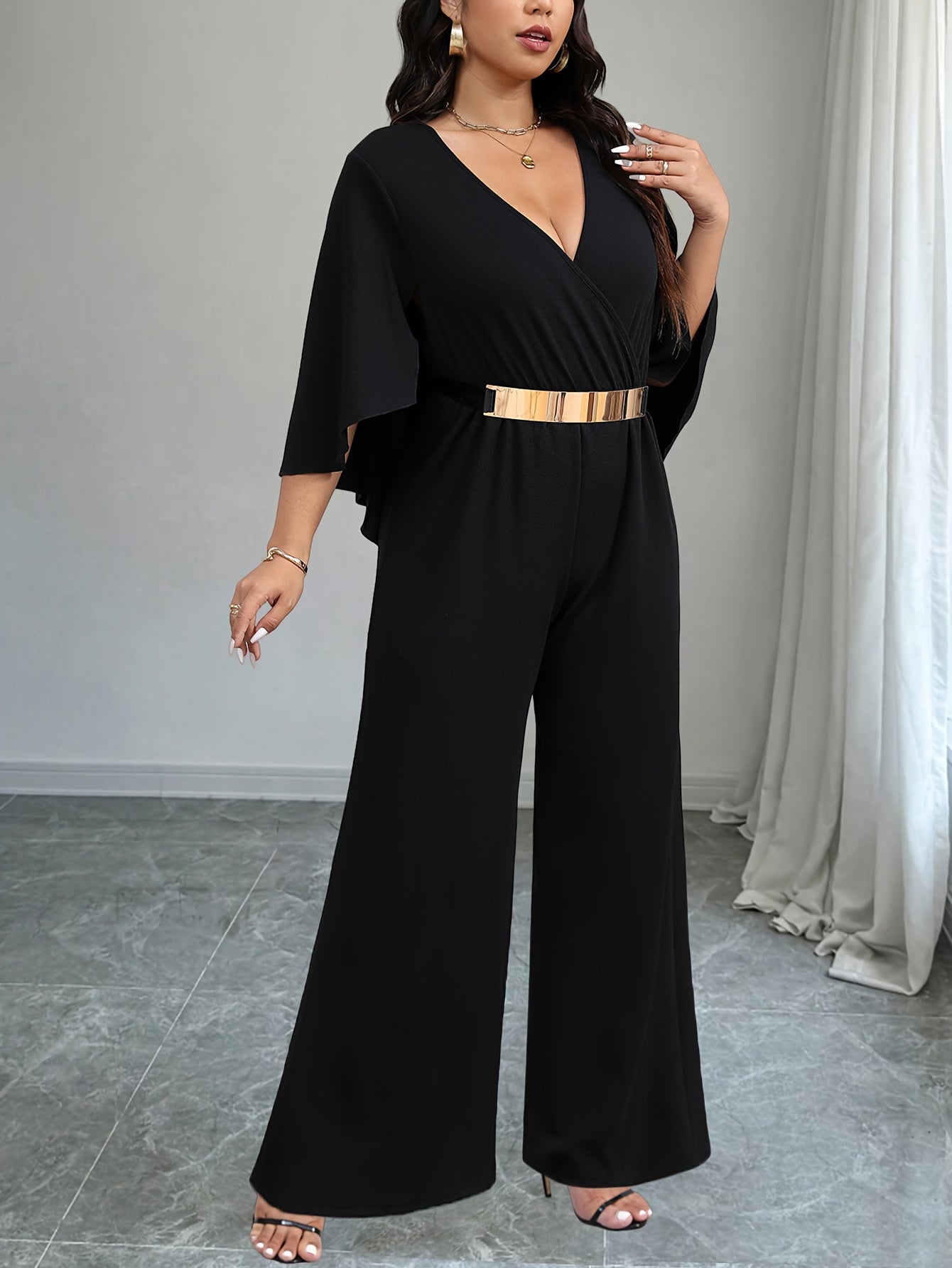 Women's Plus Size Casual V-Neck Jumpsuit with Tie Waist Black Maxidress