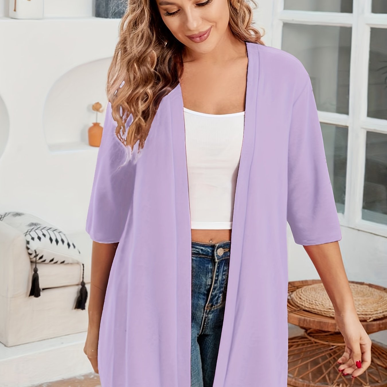 Plus Size Women's Cardigan Open Front Solid Color Half Sleeve Fall Winter